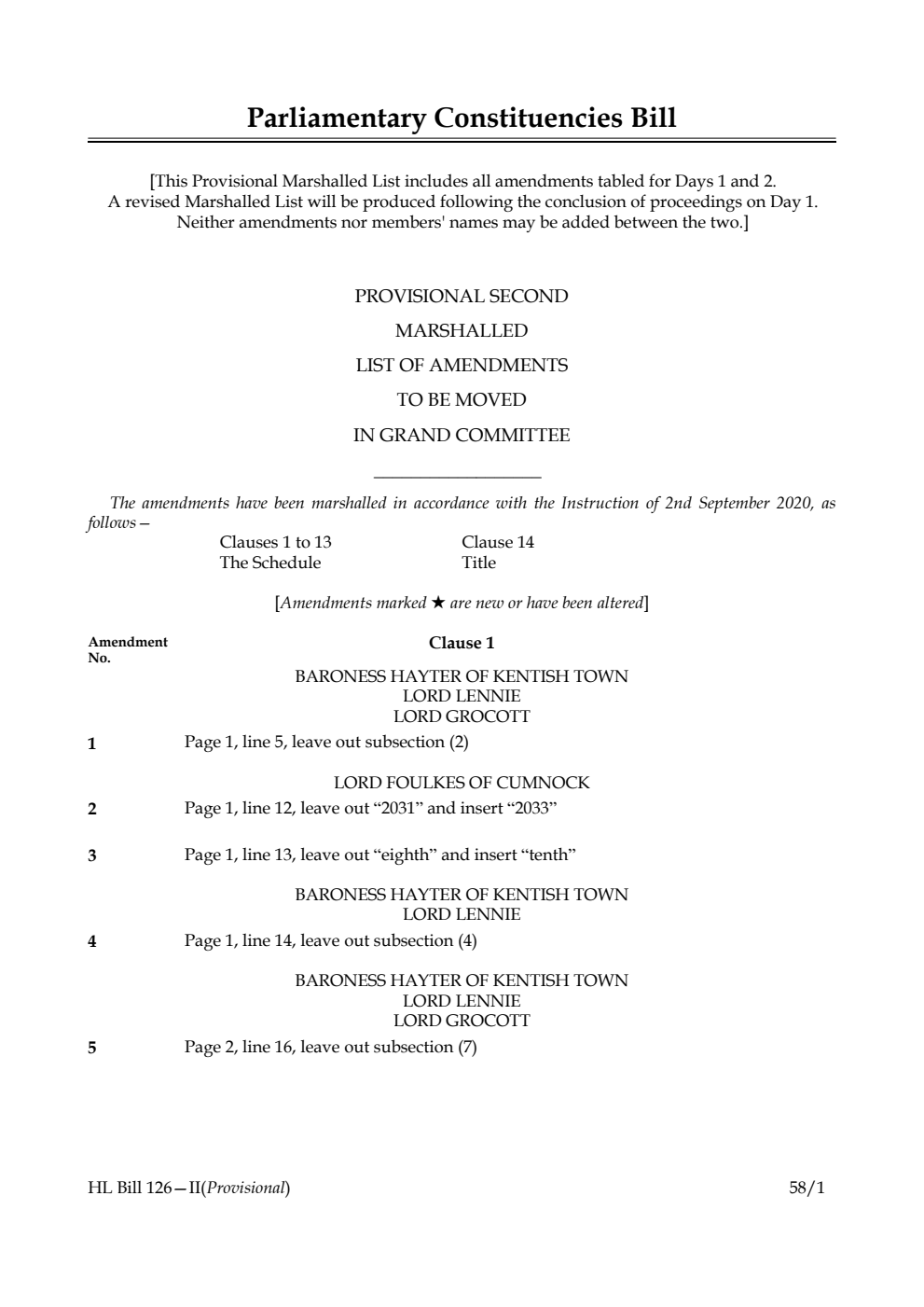 Parliamentary Constituencies Bill Provisional Second Marshalled List of amendments to be moved in Grand Committee