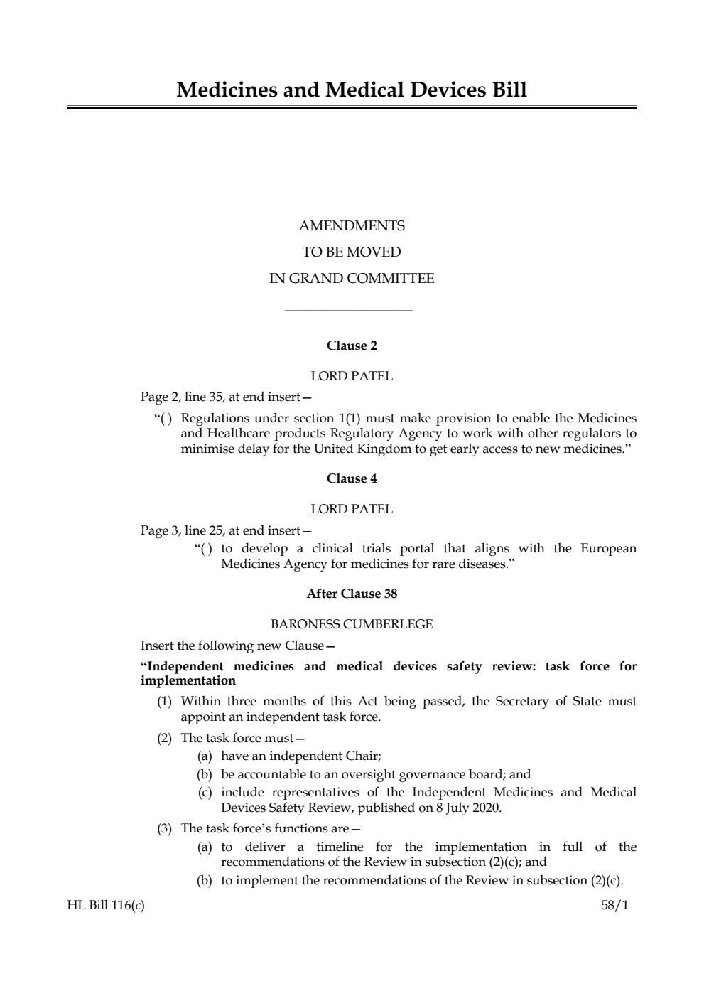 Medicines and Medical Devices Bill Amendments to be moved in Grand Committee