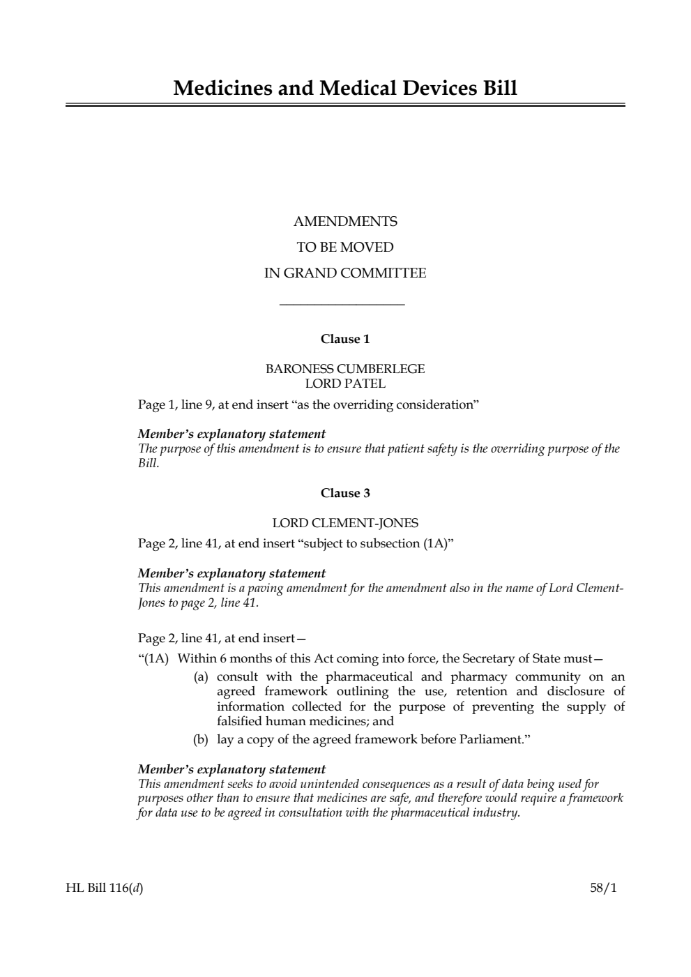 Medicines and Medical Devices Bill Amendments to be moved in Grand Committee