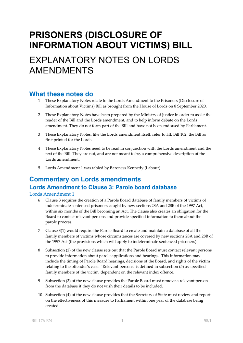 Prisoners (Disclosure of Information About Victims) Bill Explanatory Notes on Lords Amendments