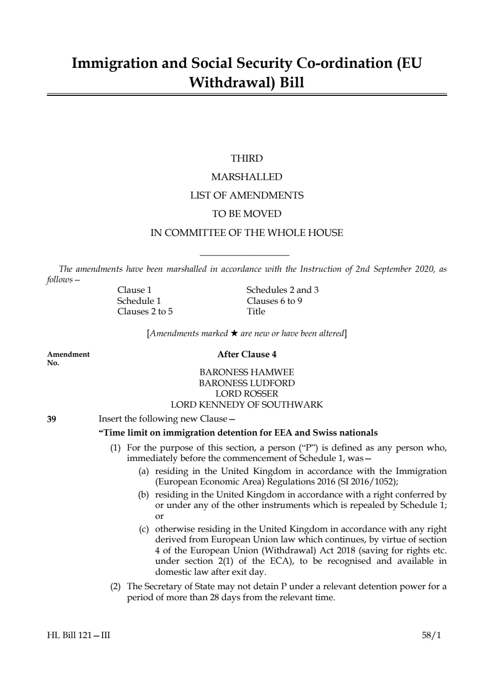 Immigration and Social Security Co-ordination (EU Withdrawal) Bill Third Marshalled List of amendments to be moved in Committee of the Whole House