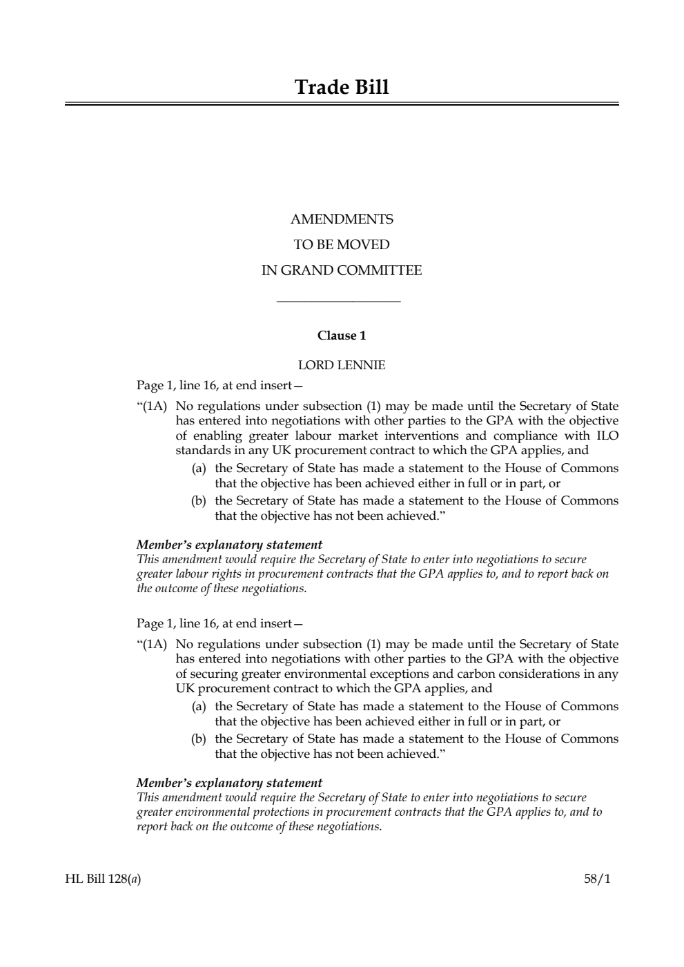 Trade Bill Amendments to be moved in Grand Committee