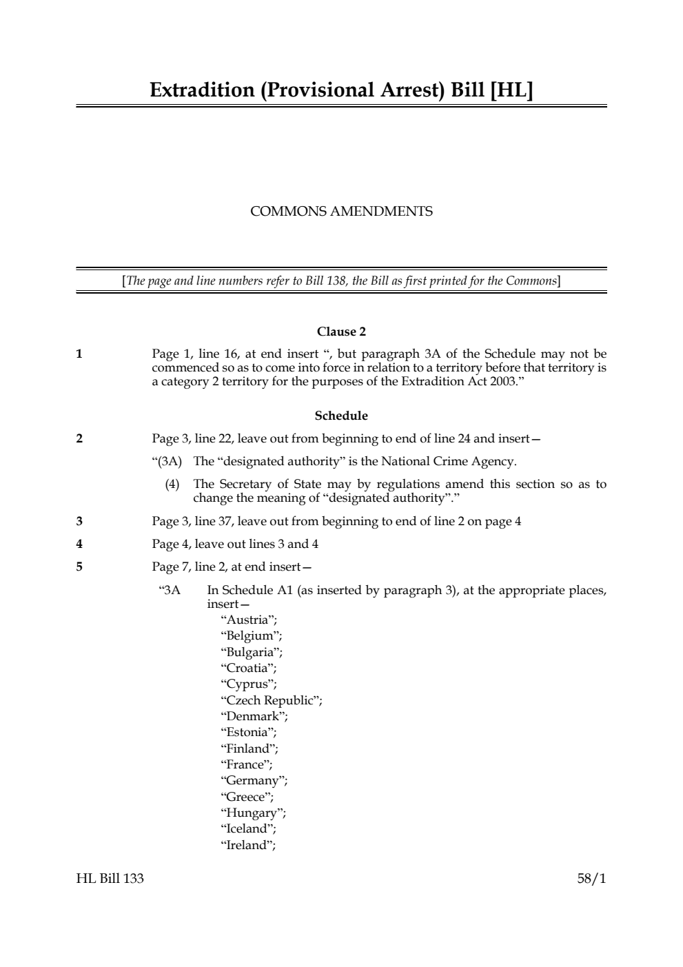 Extradition (Provisional Arrest) Bill Commons Amendments
