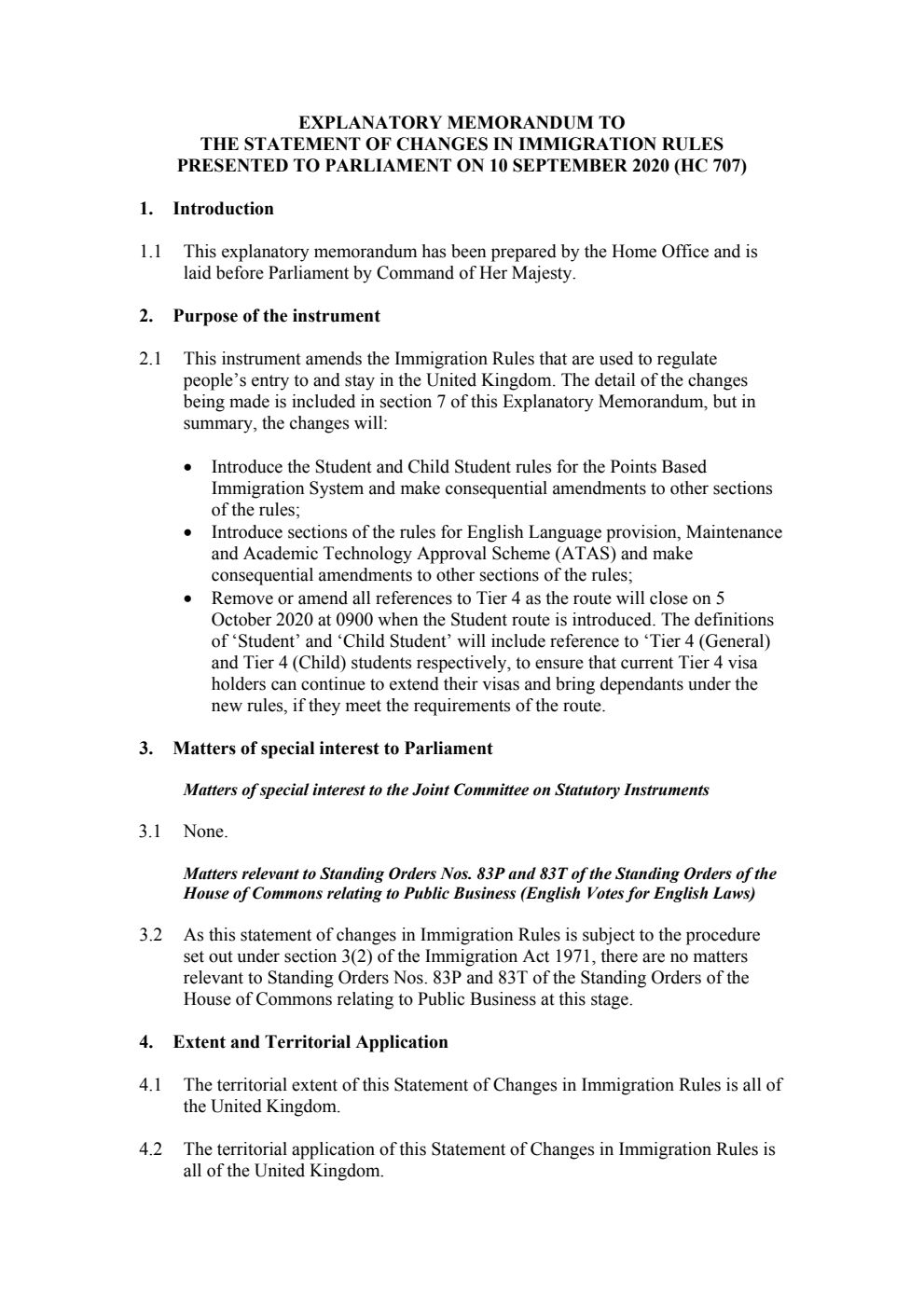 Explanatory Memorandum to the Statement of Changes in Immigration Rules