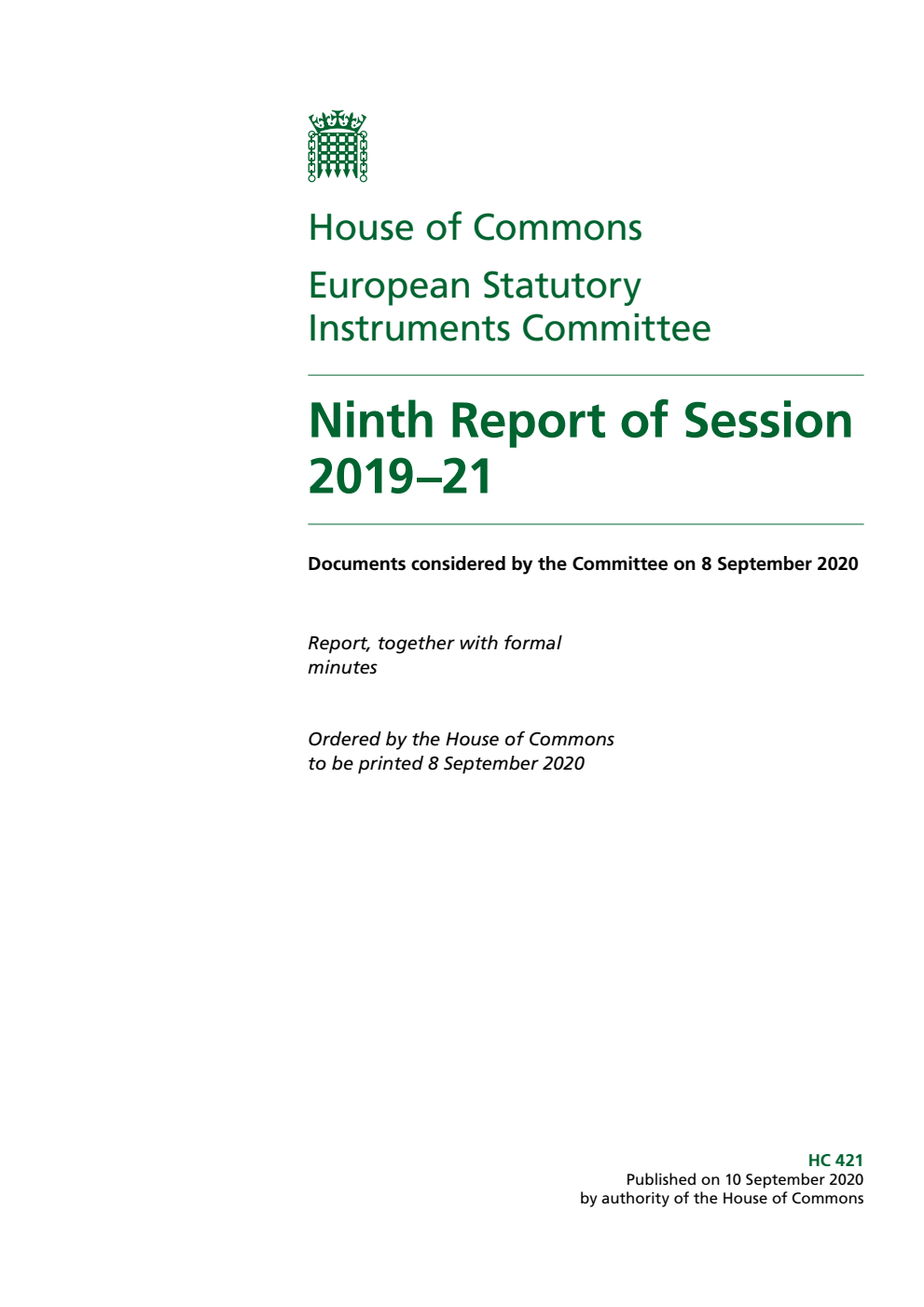 European Statutory Instruments Committee 9th Report of Session 2019-2021