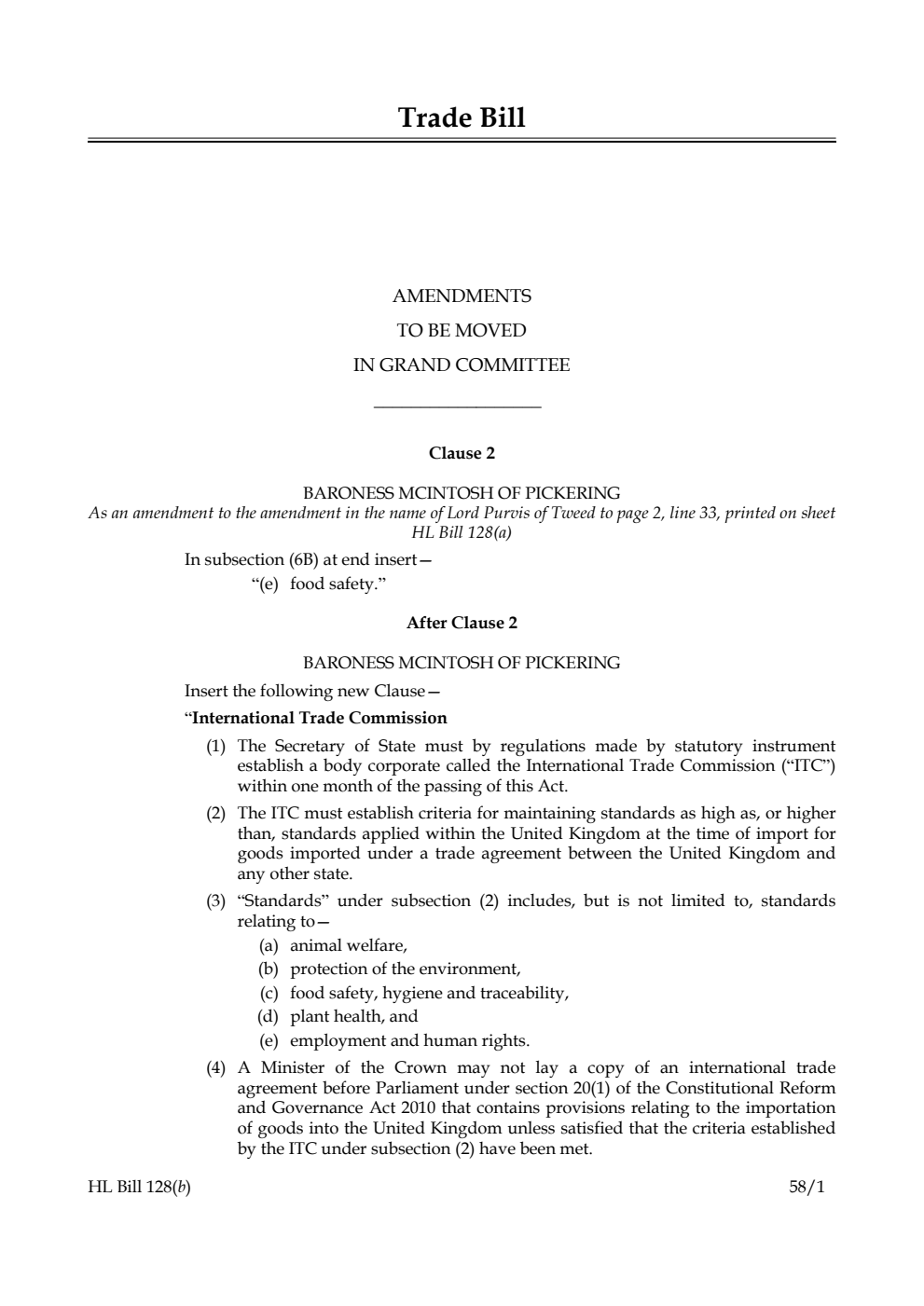 Trade Bill Amendments to be moved in Grand Committee