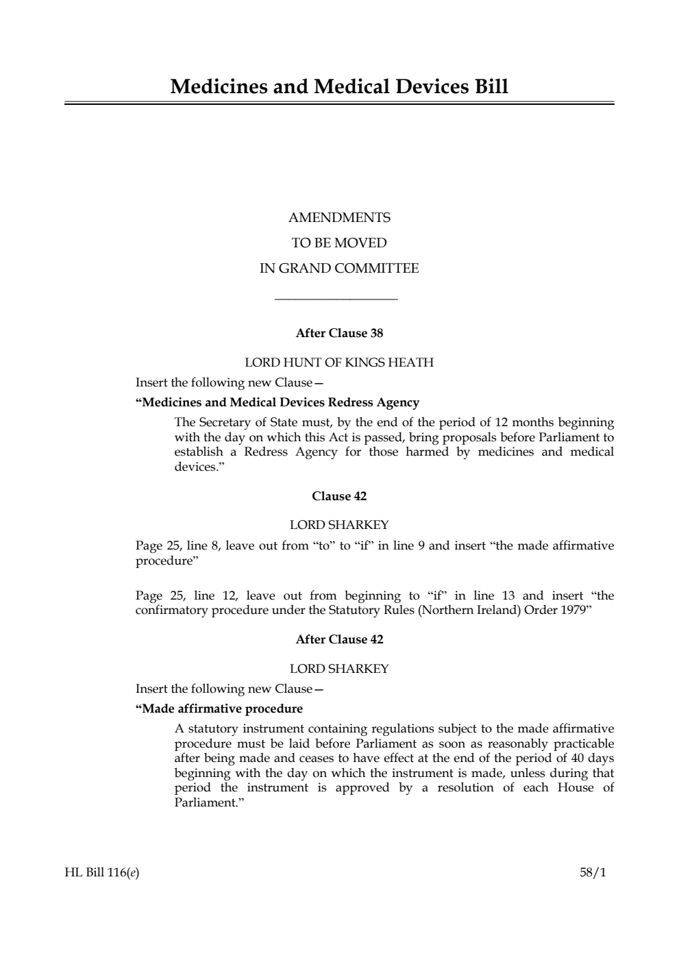 Medicines and Medical Devices Bill Amendments to be moved in Grand Committee