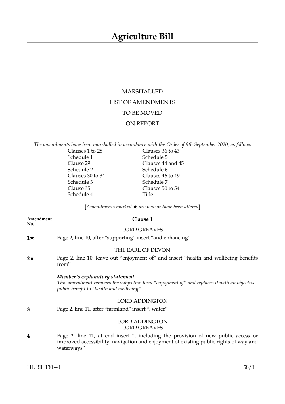 Agriculture Bill Marshalled List of amendments to be moved on report