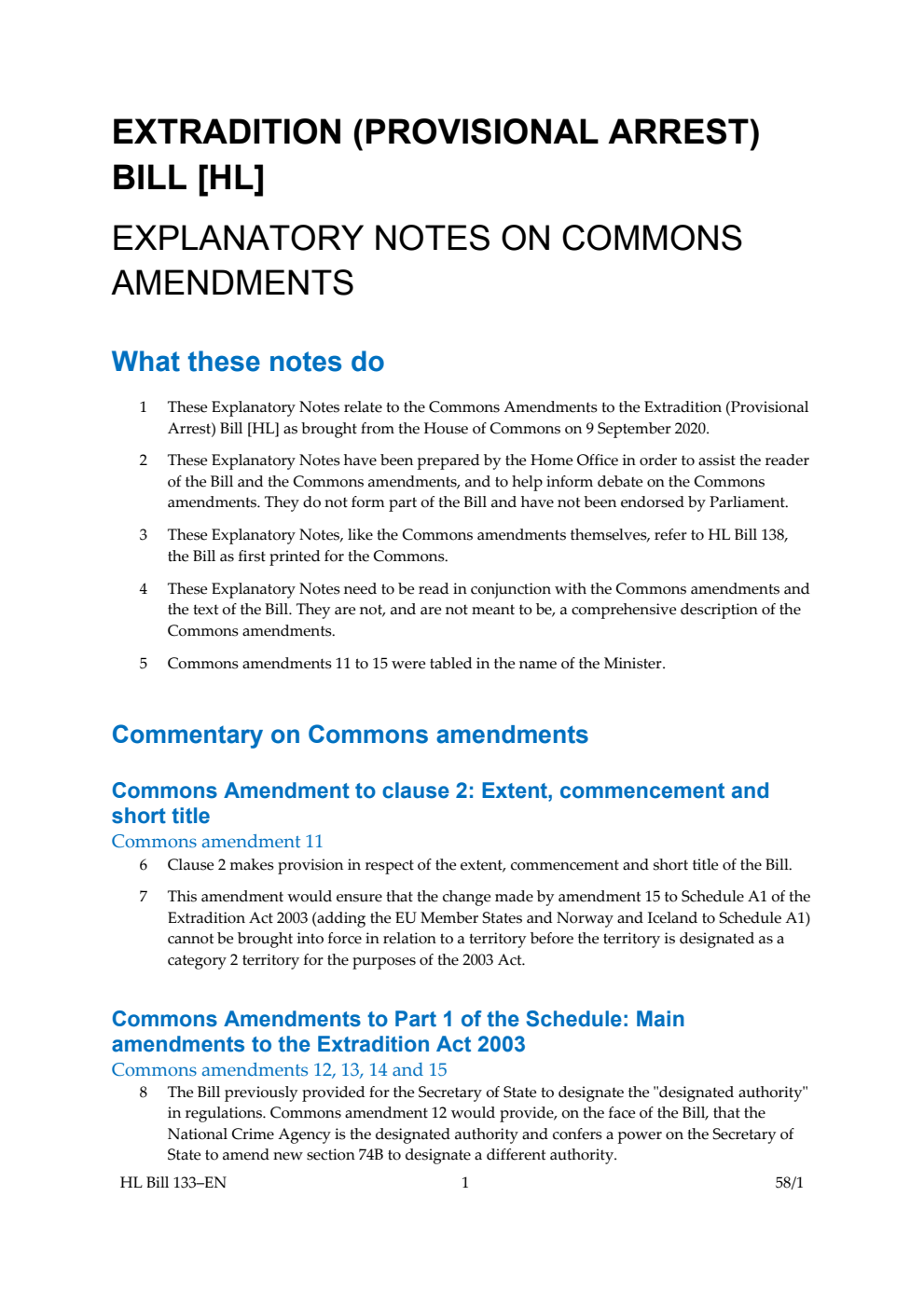 Extradition (Provisional Arrest) Bill Explanatory Notes on Commons Amendments