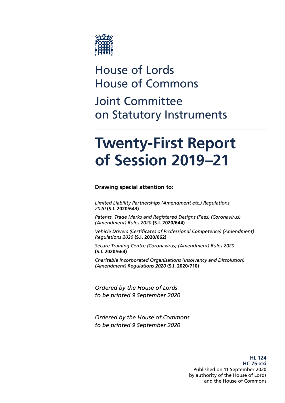 Joint Committee on Statutory Instruments 21st Report of Session 2019-21