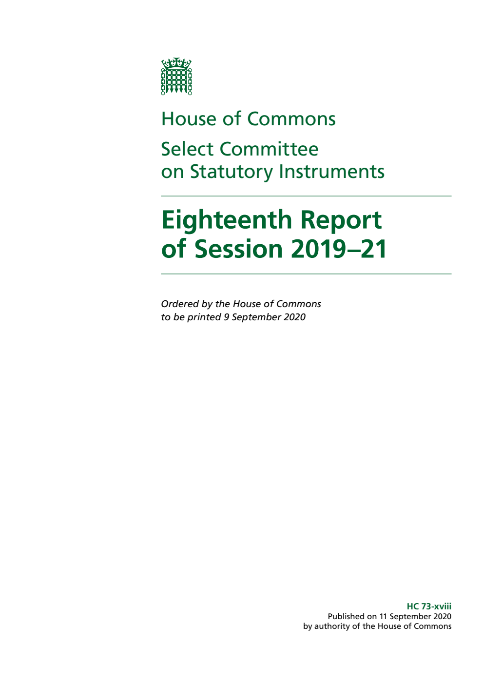 Statutory Instruments Committee 18th Report of Session 2019–21