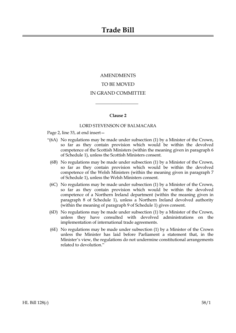 Trade Bill Amendments to be moved in Grand Committee