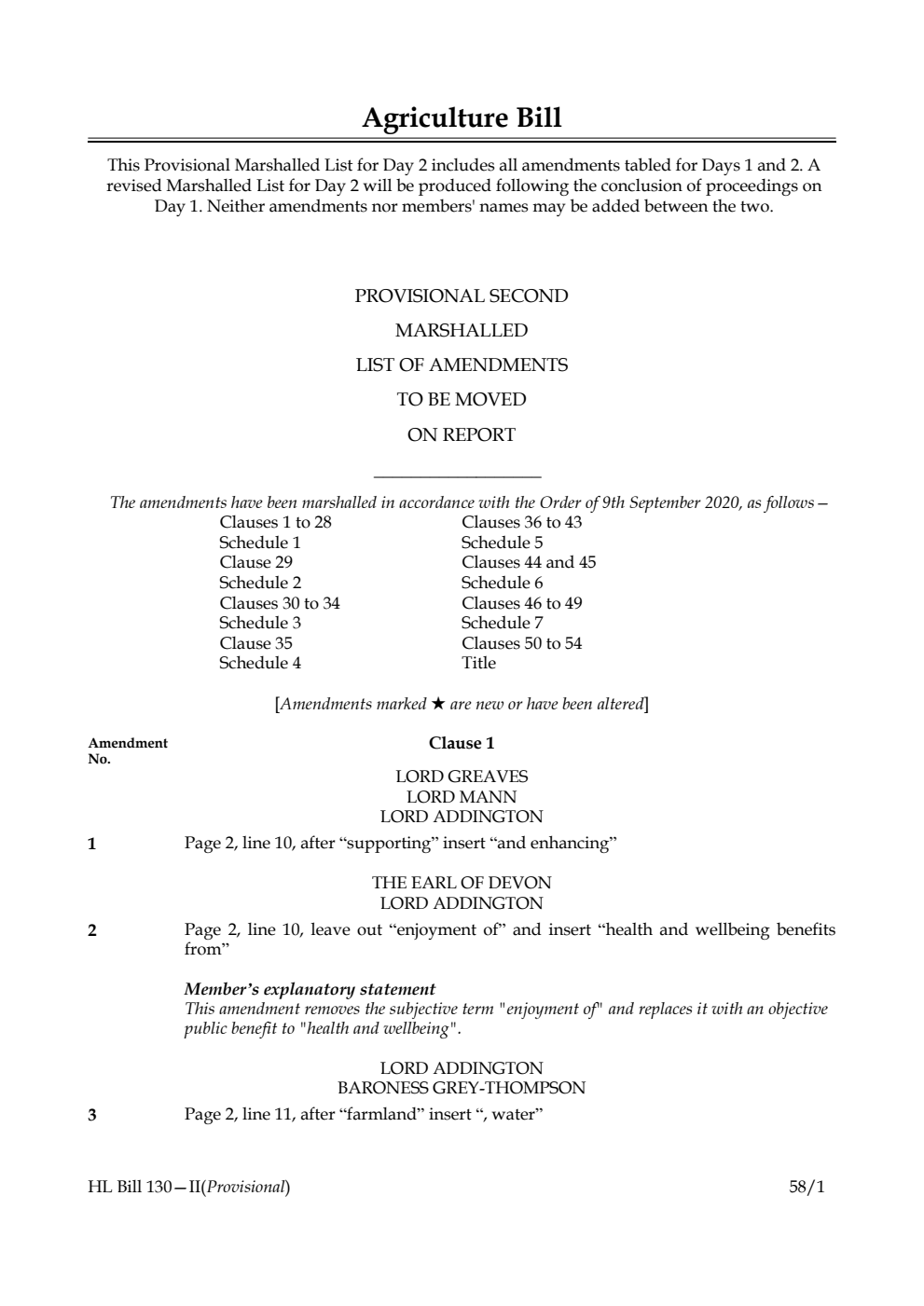 Agriculture Bill Provisional Second Marshalled List of amendments to be moved on report