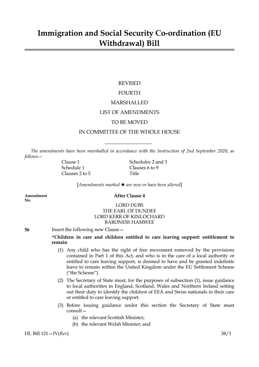 Immigration and Social Security Co-ordination (EU Withdrawal) Bill Revised Fourth Marshalled List of amendments to be moved in Committee of the Whole House