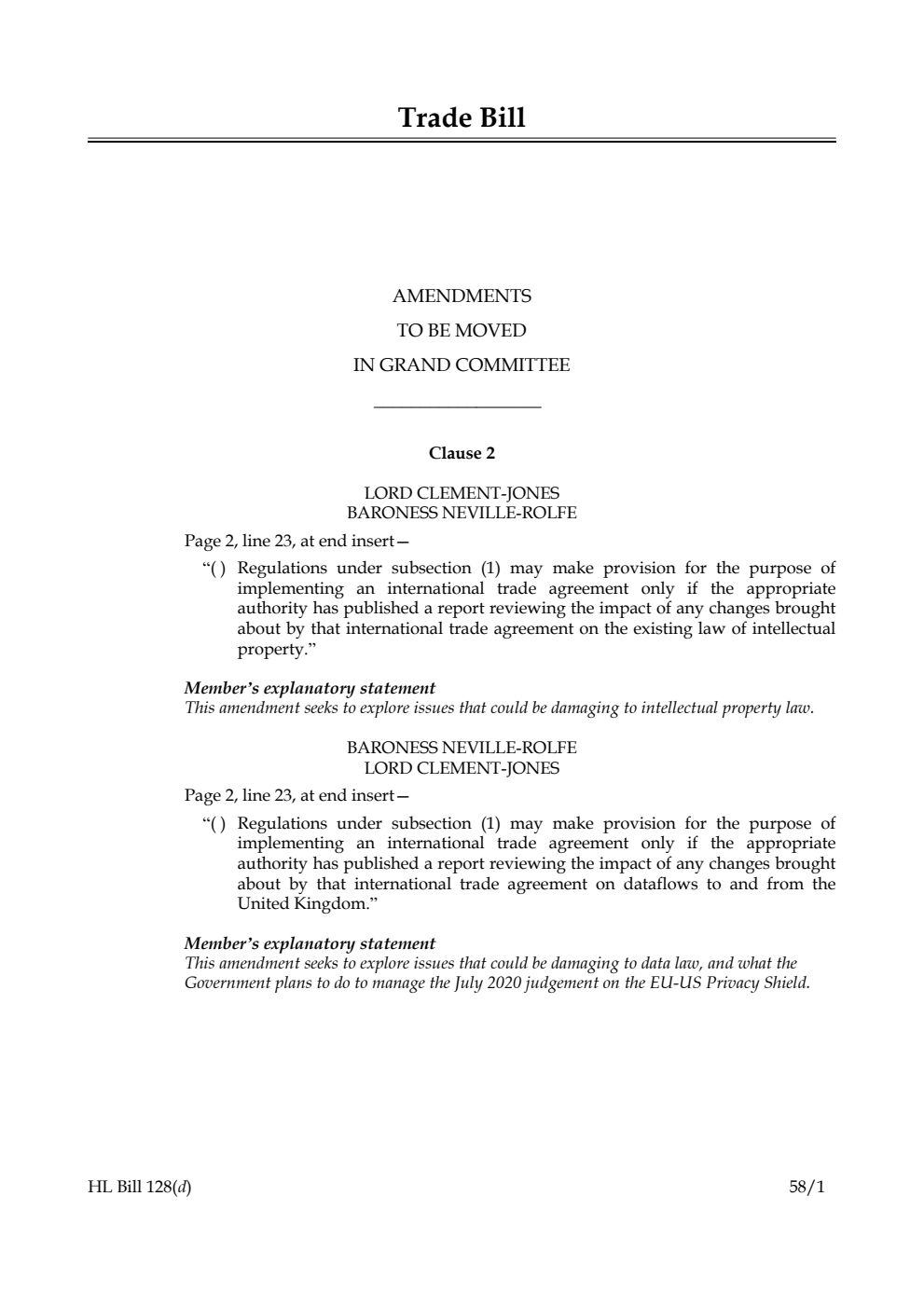 Trade Bill Amendments to be moved in Grand Committee