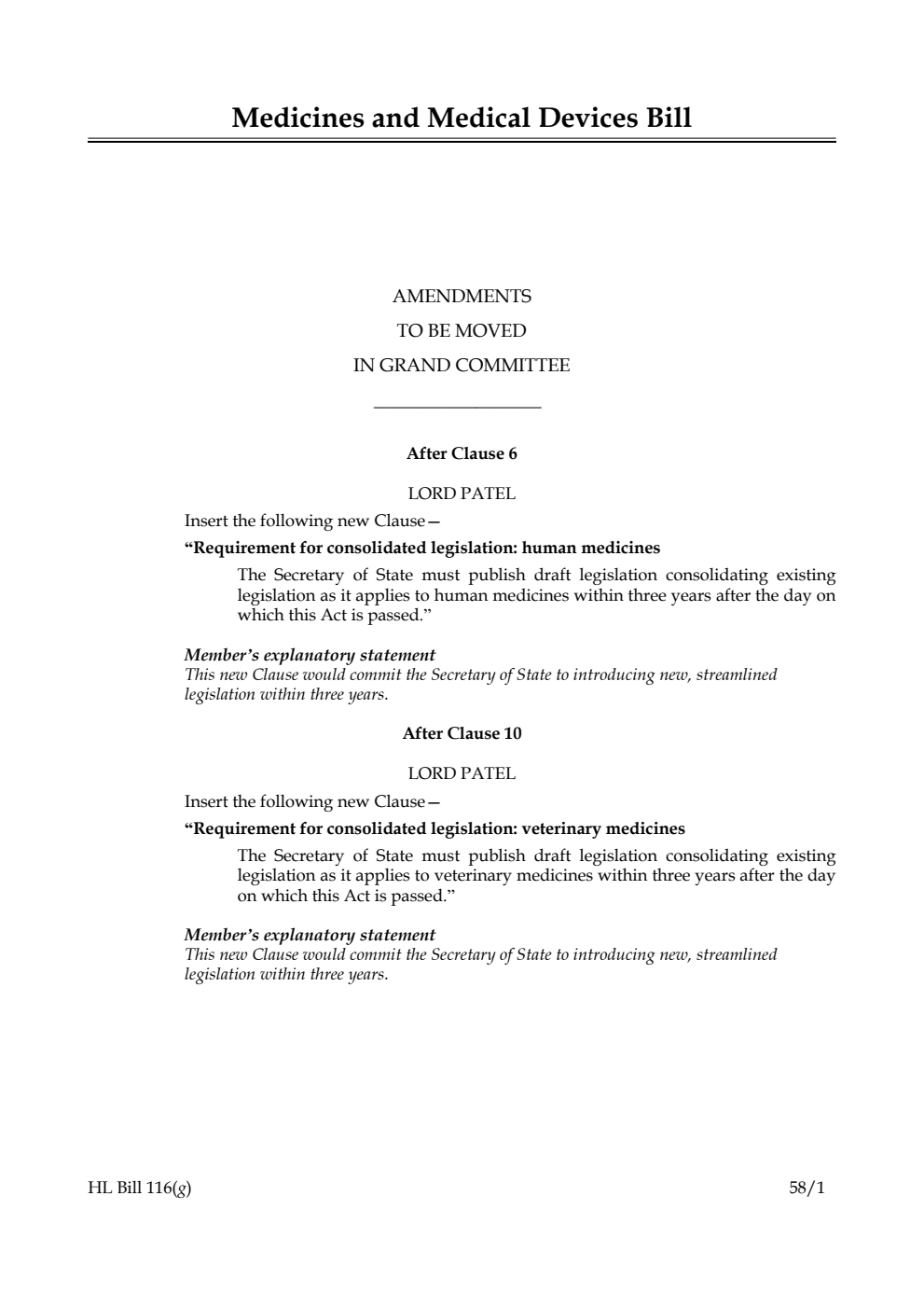 Medicines and Medical Devices Bill Amendments to be moved in Grand Committee
