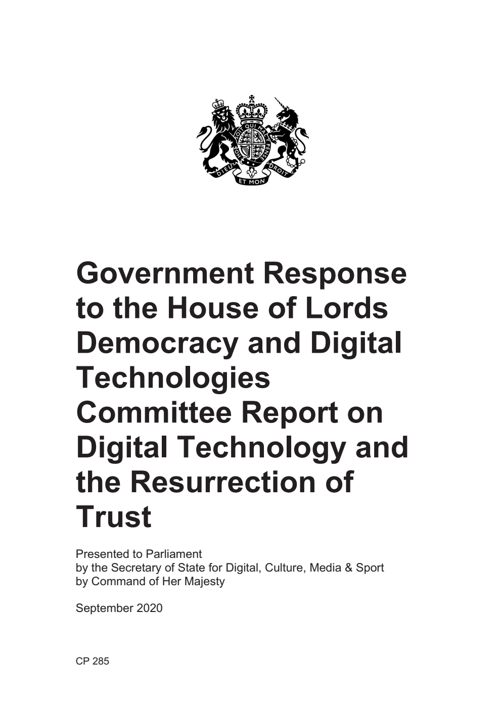 Government Response to the House of Lords Democracy and Digital Technologies Committee Report on Digital Technology and the Resurrection of Trust