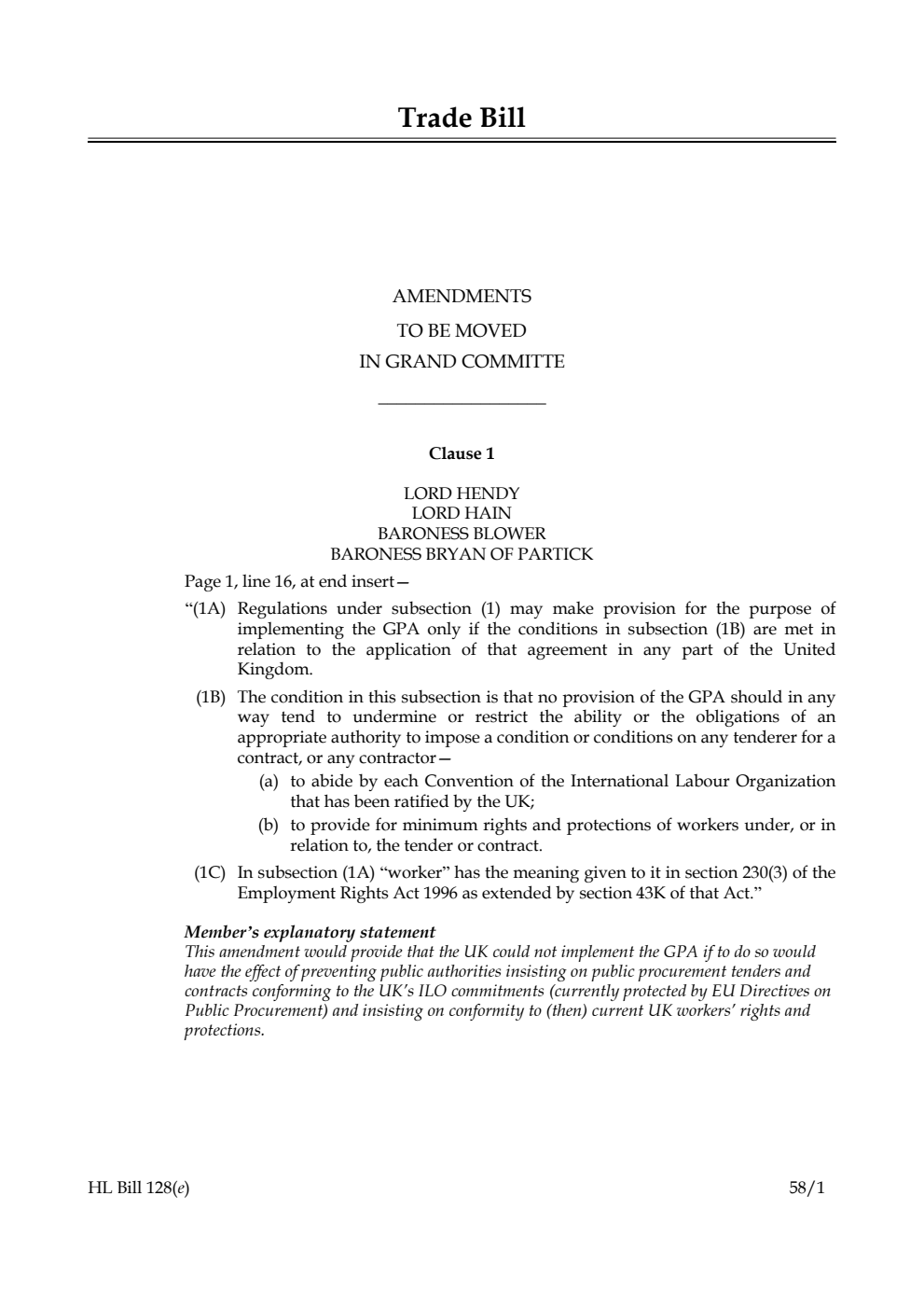 Trade Bill Amendments to be moved in Grand Committee