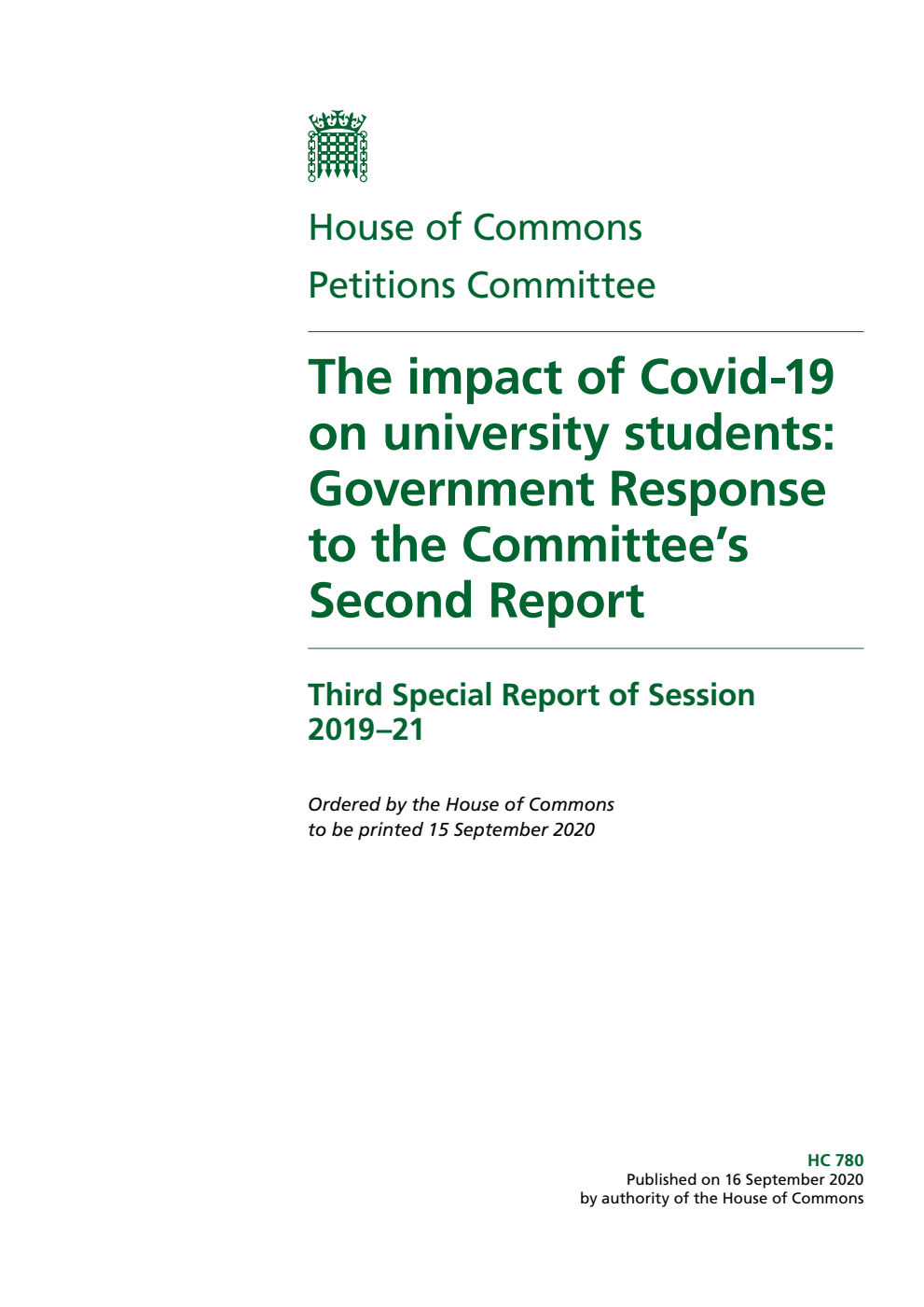 Petitions Committee 3rd Special Report. The impact of Covid-19 on university students: Government Response to the Committee’s Second Report