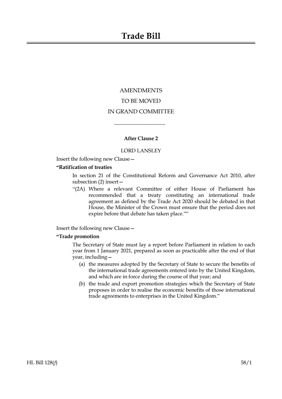 Trade Bill Amendments to be moved in Grand Committee