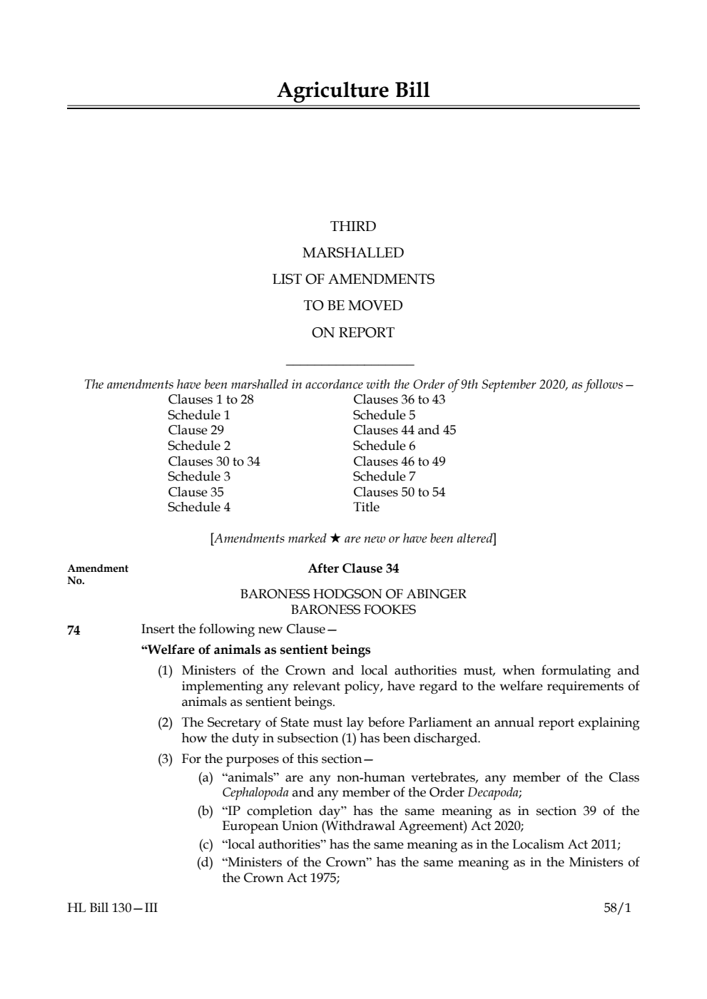 Agriculture Bill Revised Third Marshalled List of amendments to be moved on report