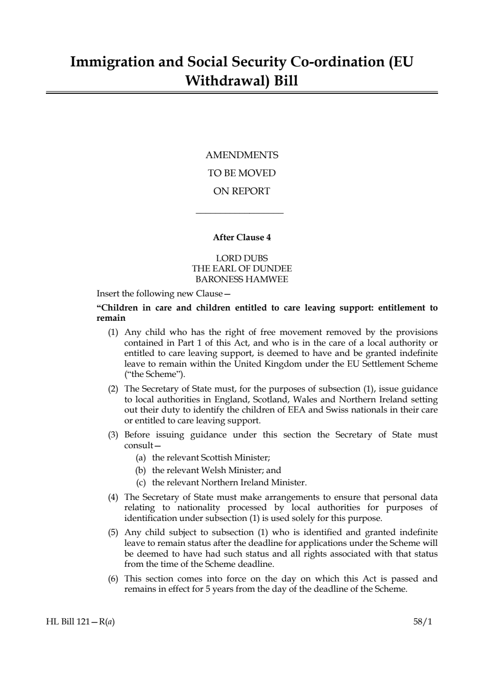 Immigration and Social Security Co-ordination (EU Withdrawal) Bill Amendments to be moved on Report