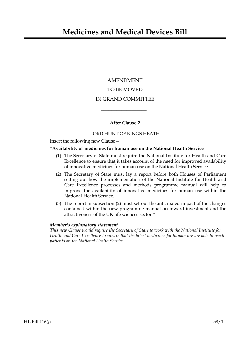 Medicines and Medical Devices Bill Amendment to be moved in Grand Committee