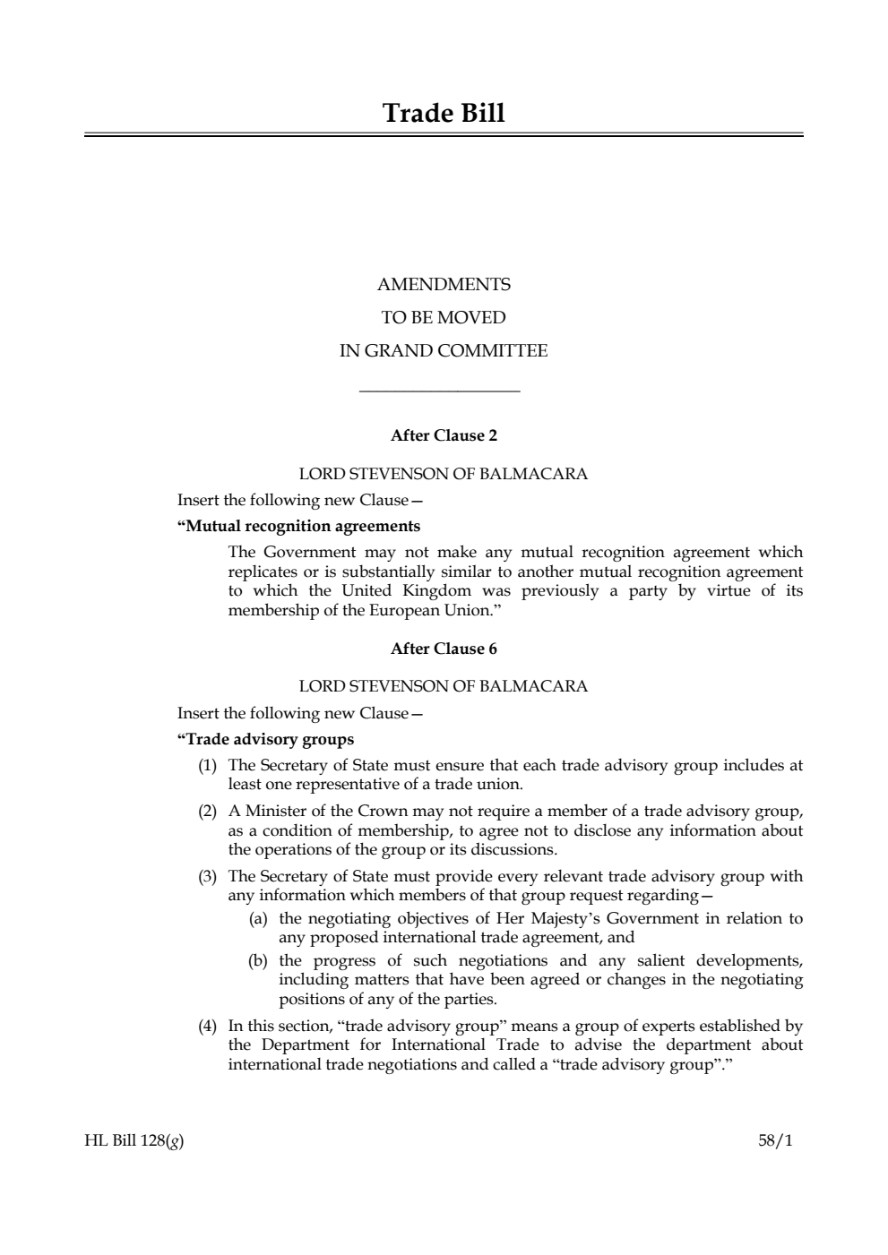 Trade Bill Amendments to be moved in Grand Committee