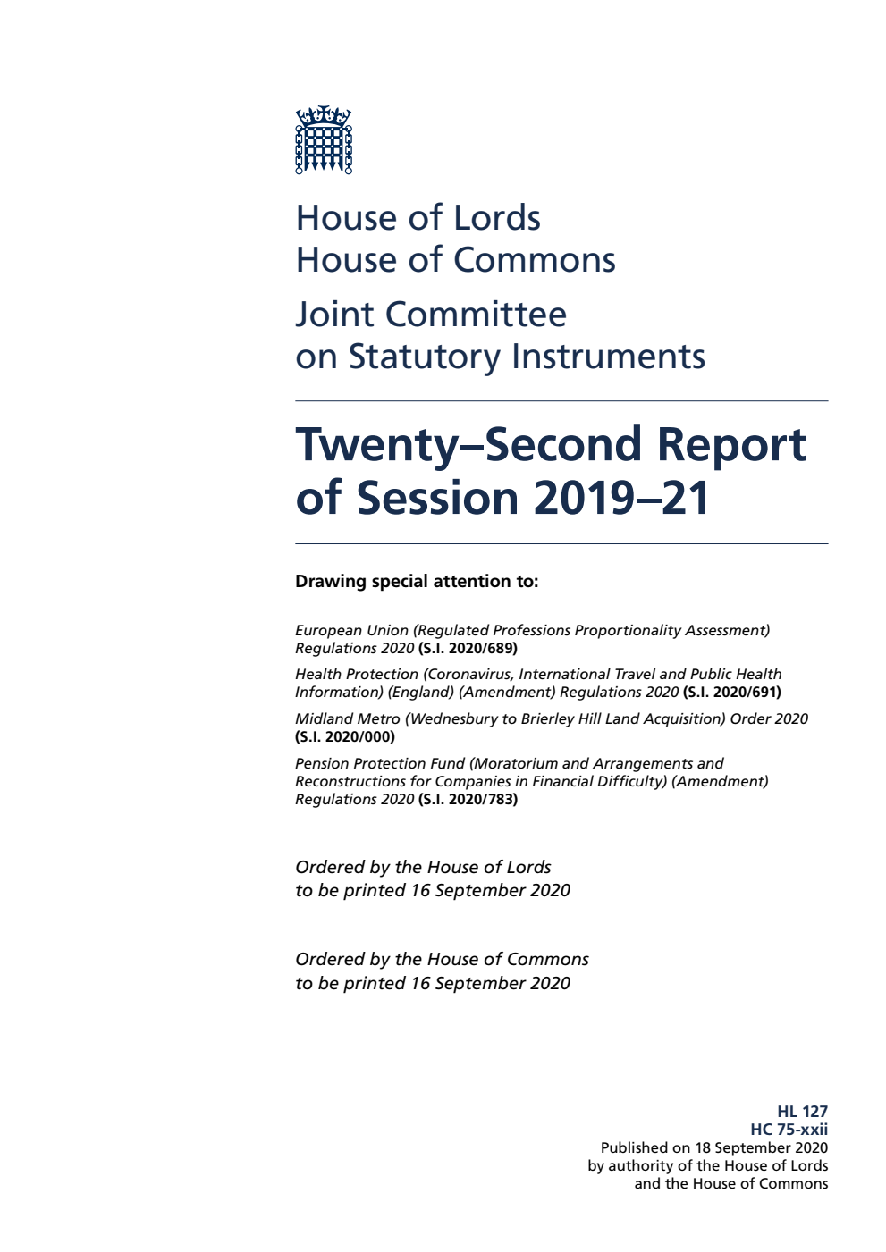 Joint Committee on Statutory Instruments 22nd Report of Session 2019-21