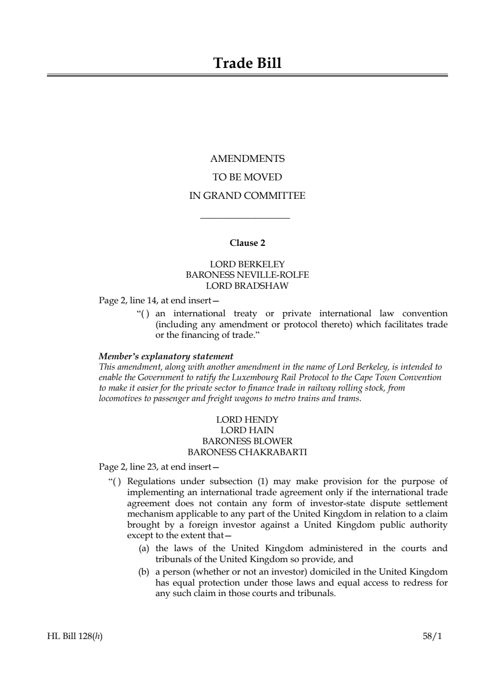 Trade Bill Amendments to be moved in Grand Committee