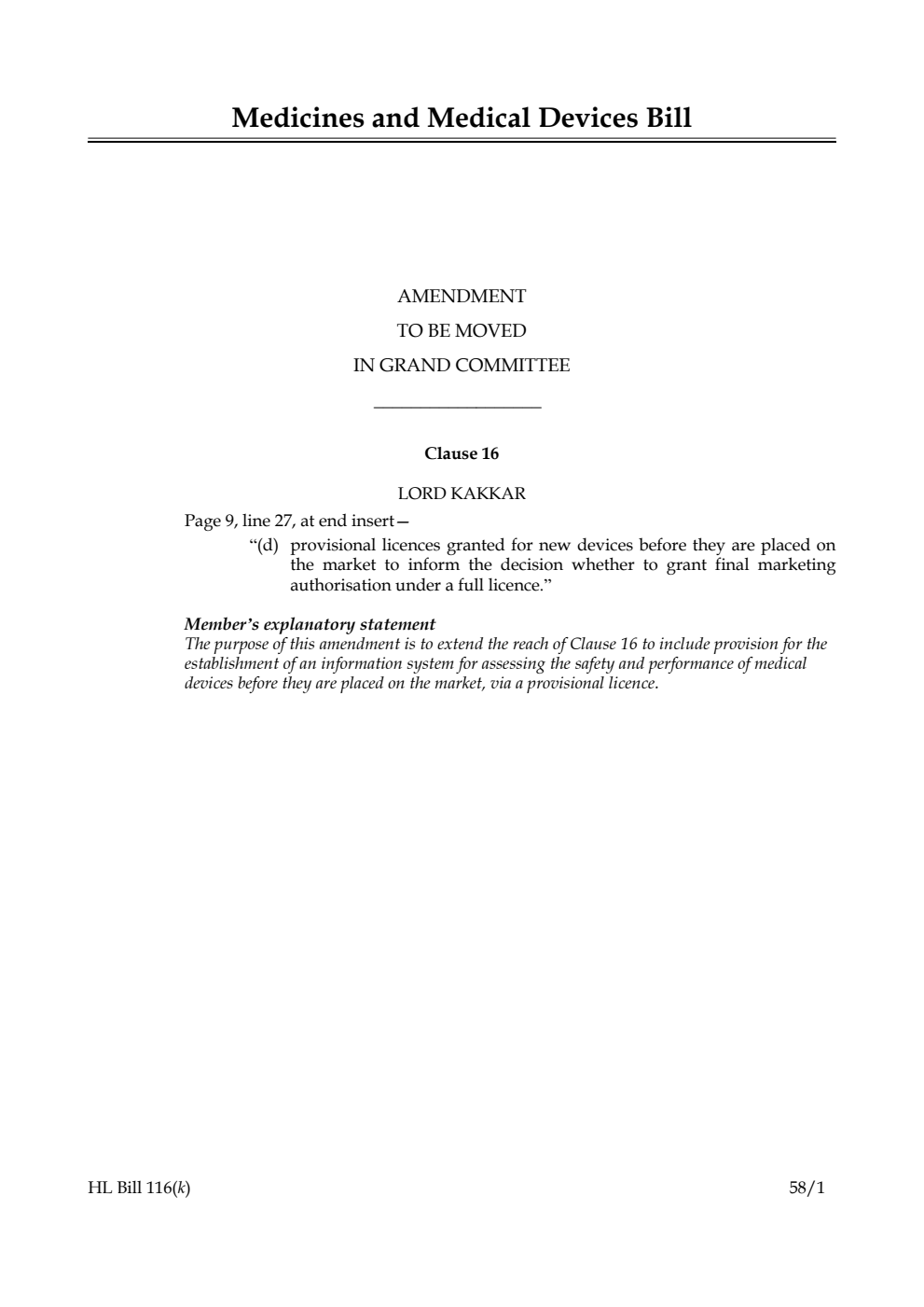 Medicines and Medical Devices Bill Amendment to be moved in Grand Committee