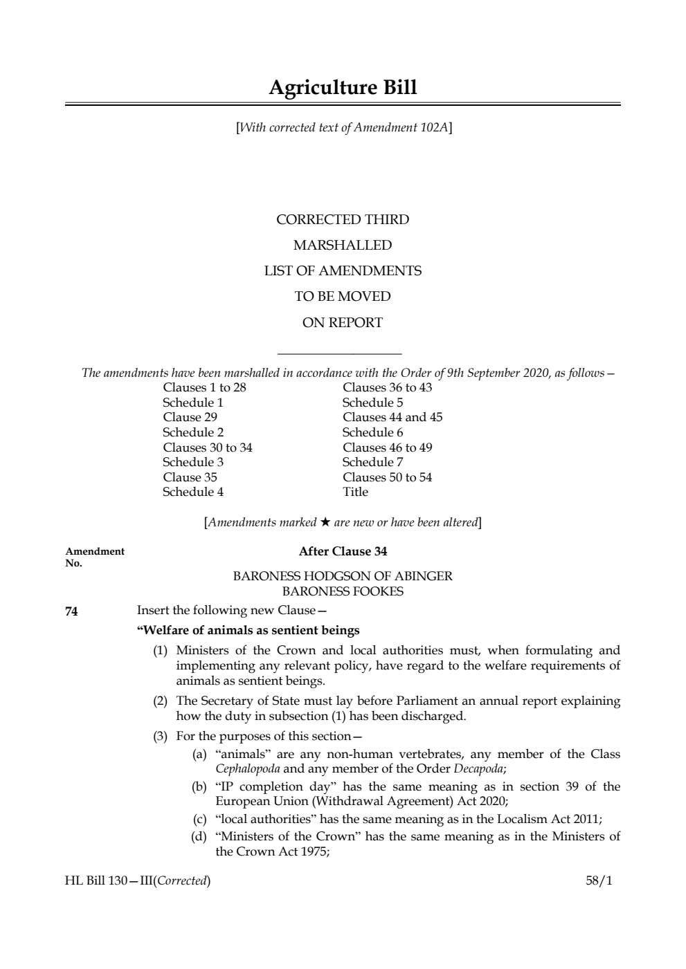 Agriculture Bill Corrected Third Marshalled List of amendments to be moved on report. Corrected reprint