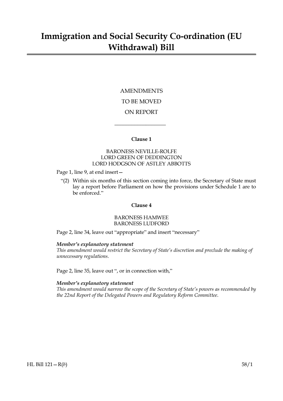 Immigration and Social Security Co-ordination (EU Withdrawal) Bill Amendments to be moved on Report