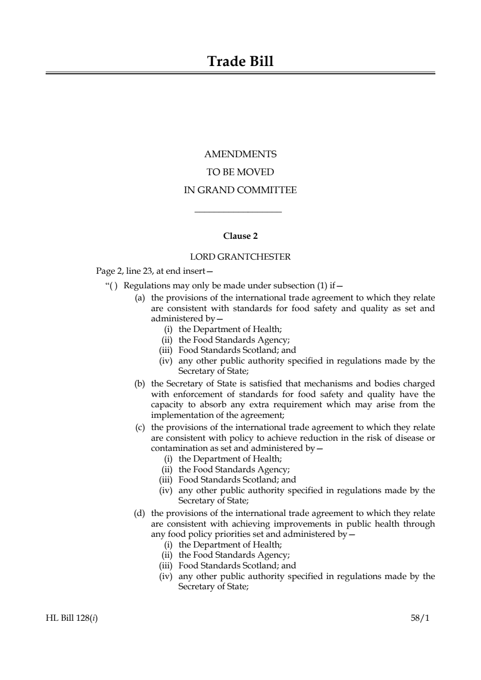 Trade Bill Amendments to be moved in Grand Committee