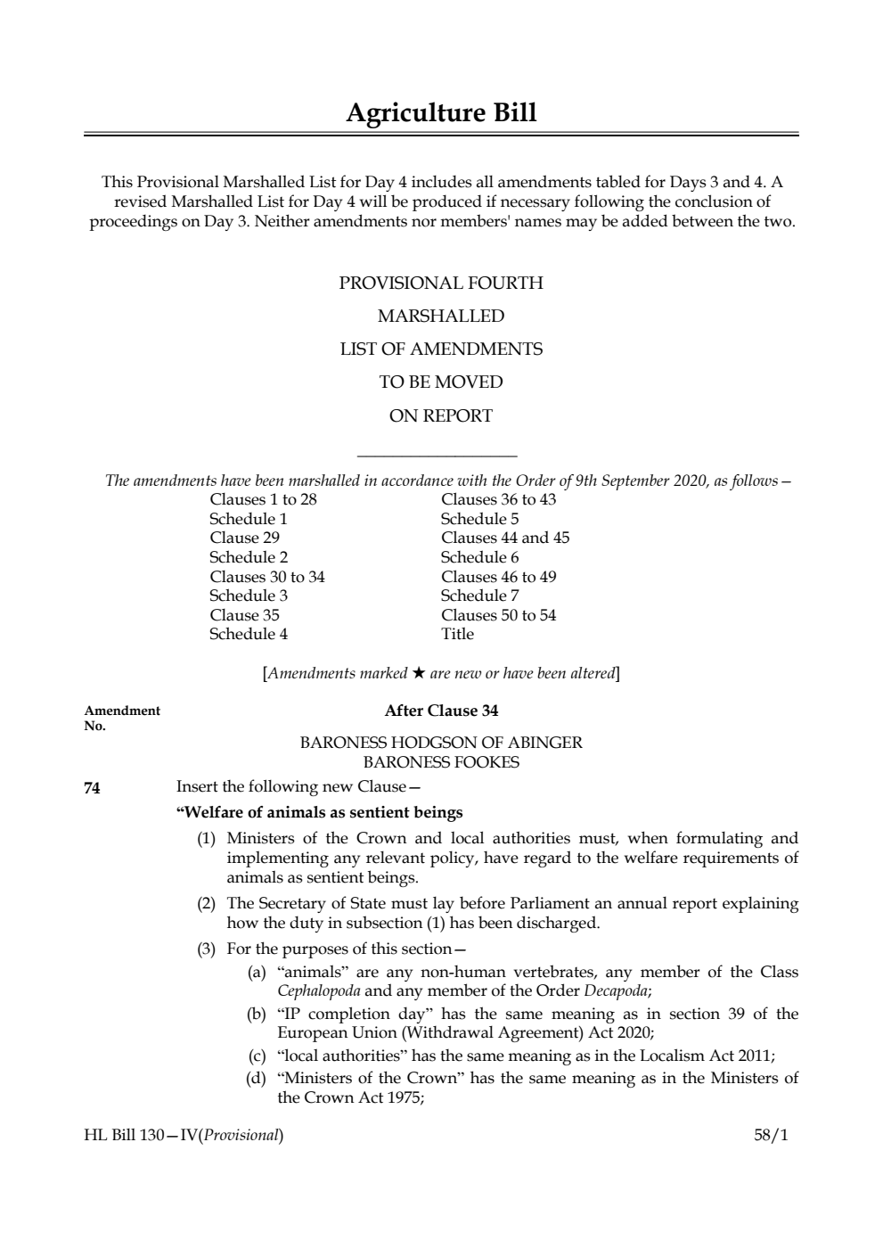 Agriculture Bill Provisional Fourth Marshalled List of amendments to be moved on report