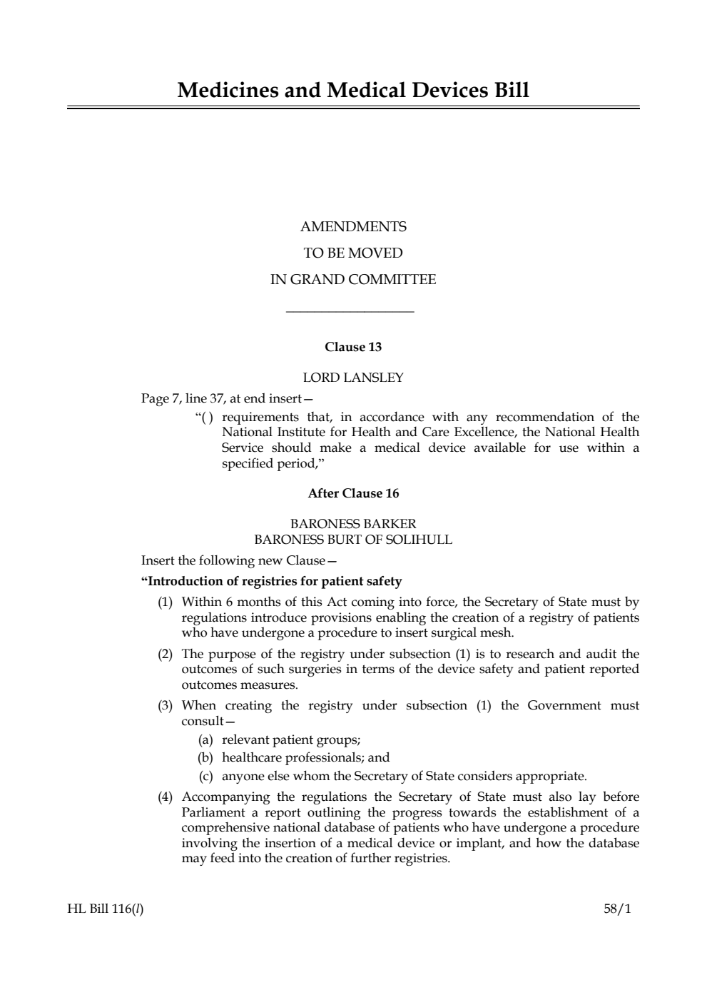 Medicines and Medical Devices Bill Amendments to be moved in Grand Committee