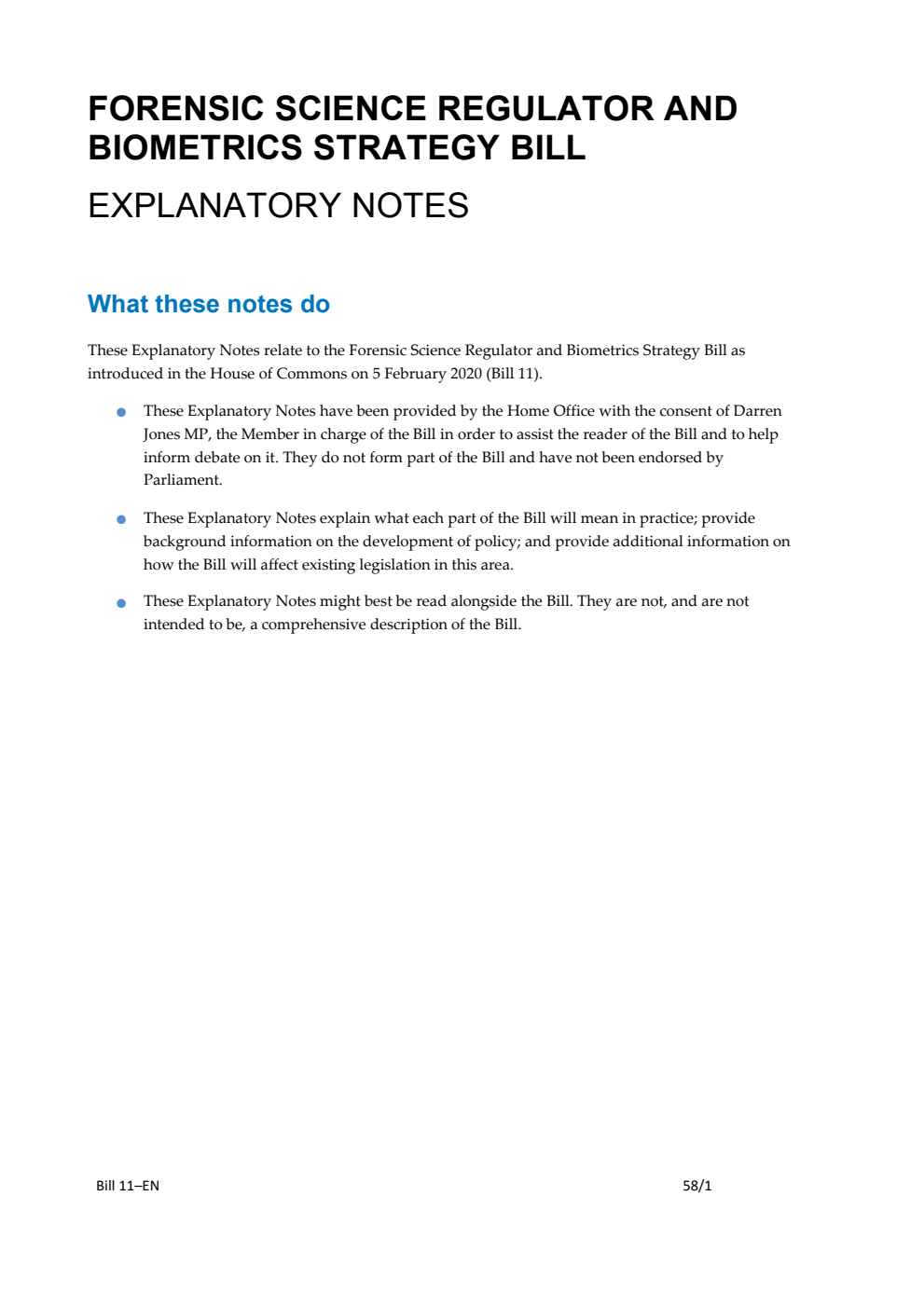 Forensic Science Regulator and Biometrics Strategy Bill Explanatory Notes