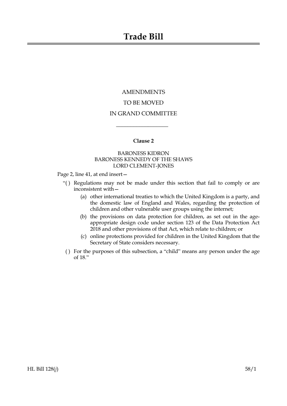 Trade Bill Amendments to be moved in Grand Committee