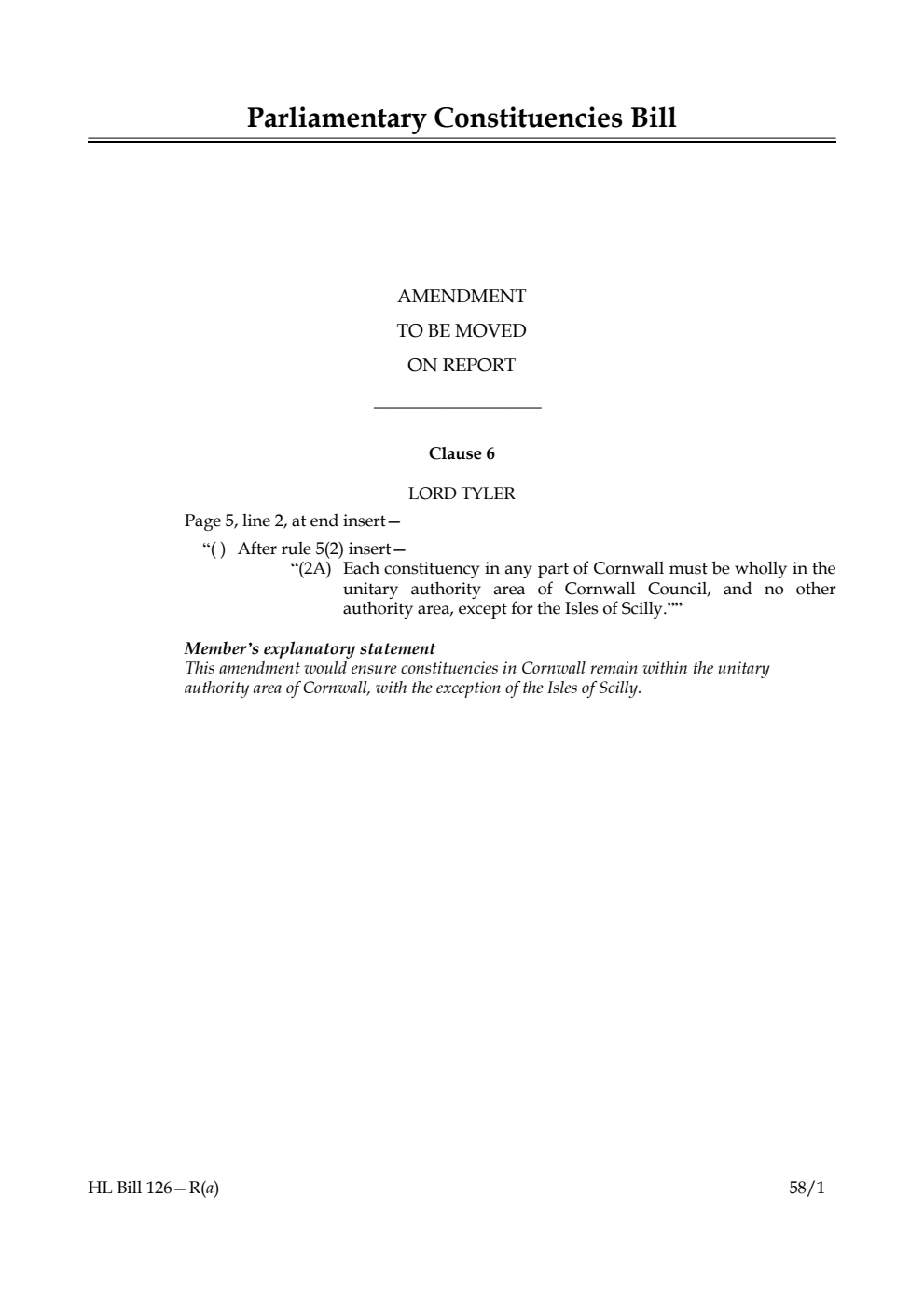 Parliamentary Constituencies Bill Amendment to be moved on report