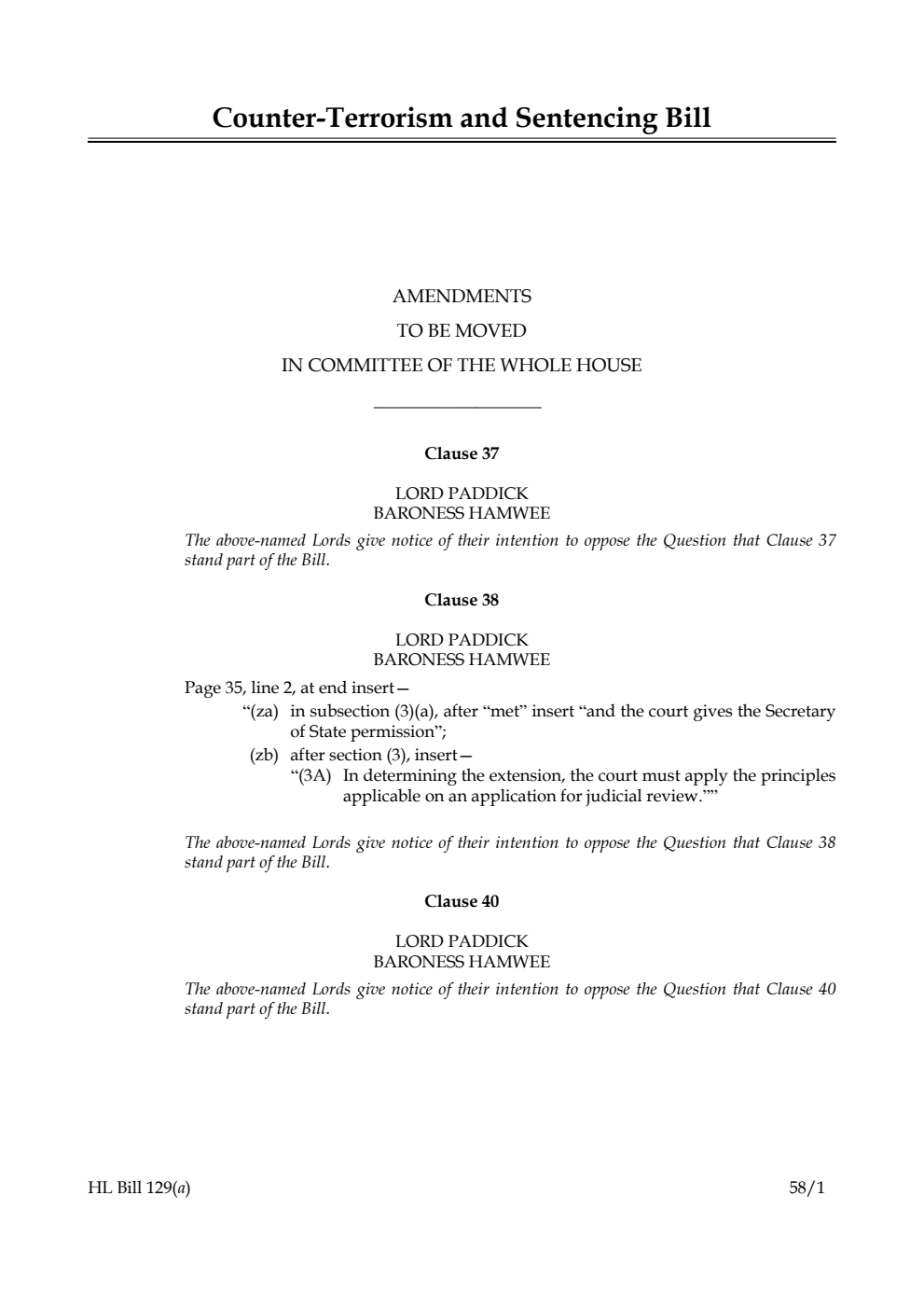 Counter-Terrorism and Sentencing Bill Amendments to be moved in Committee of the Whole House