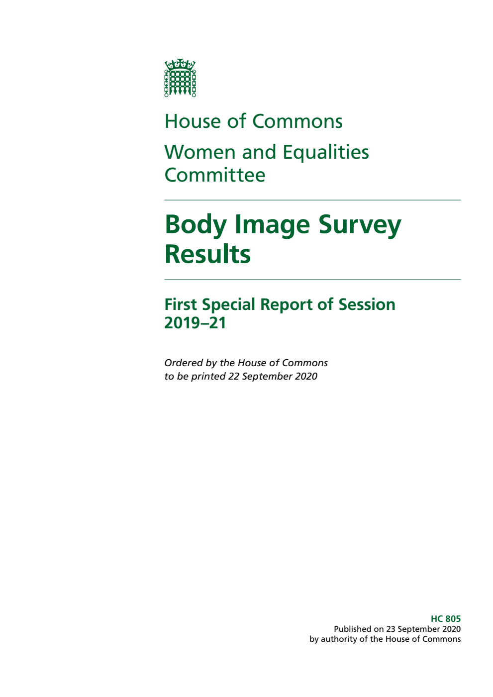 Women and Equalities Committee 1st Special Report. Body Image Survey Results