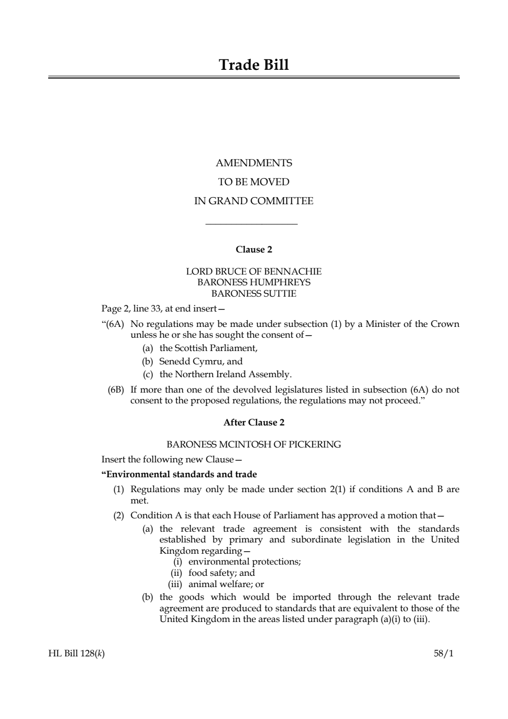 Trade Bill Amendments to be moved in Grand Committee