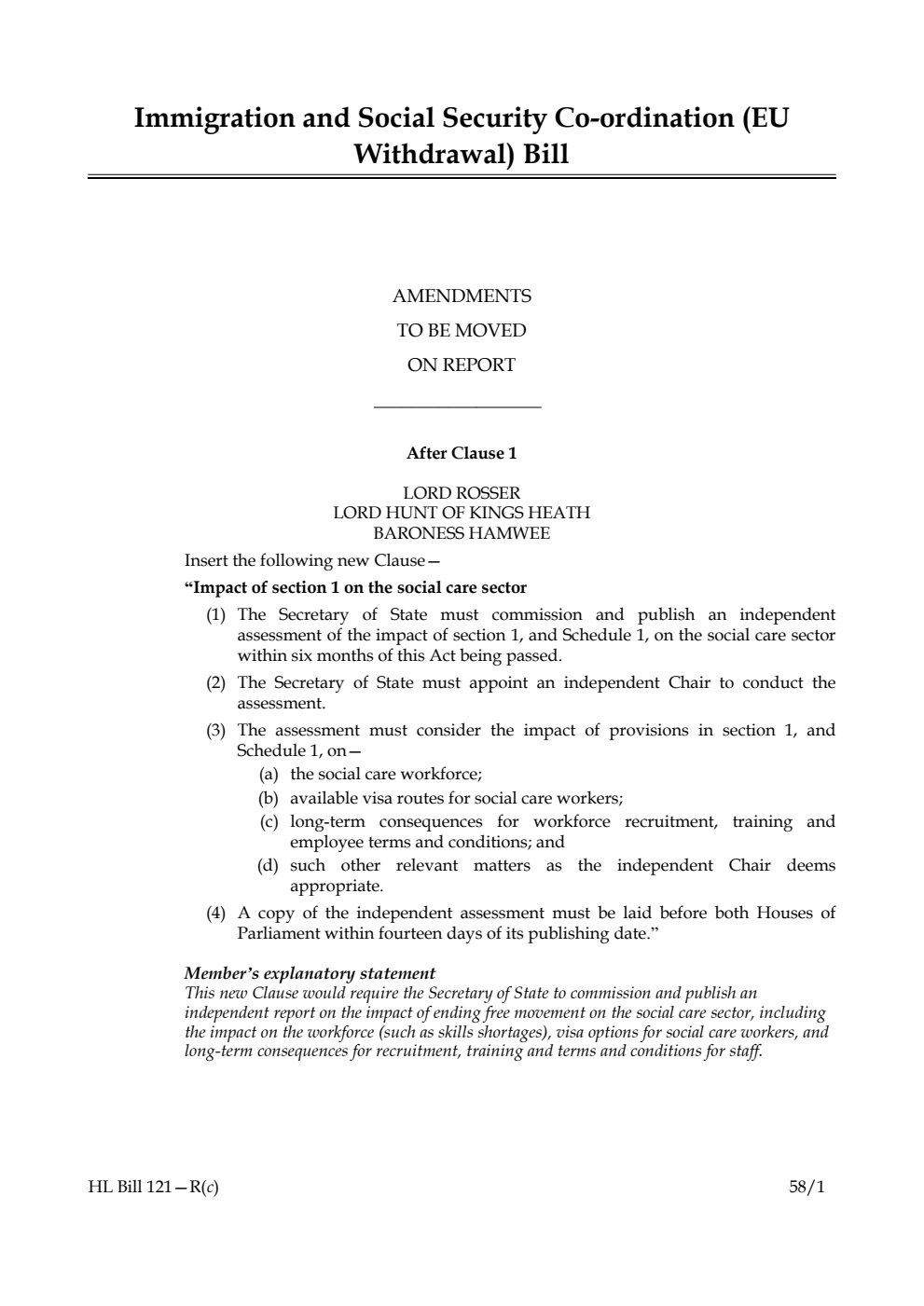 Immigration and Social Security Co-ordination (EU Withdrawal) Bill Amendments to be moved on Report