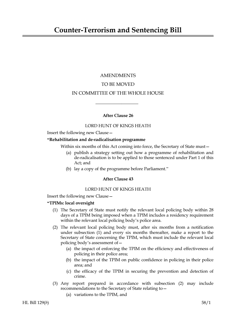 Counter-Terrorism and Sentencing Bill Amendments to be moved in Committee of the Whole House