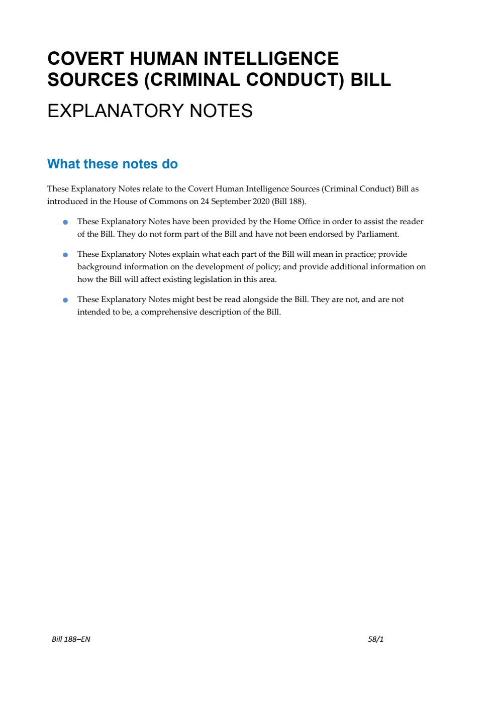 Covert Human Intelligence Sources (Criminal Conduct) Bill Explanatory Notes