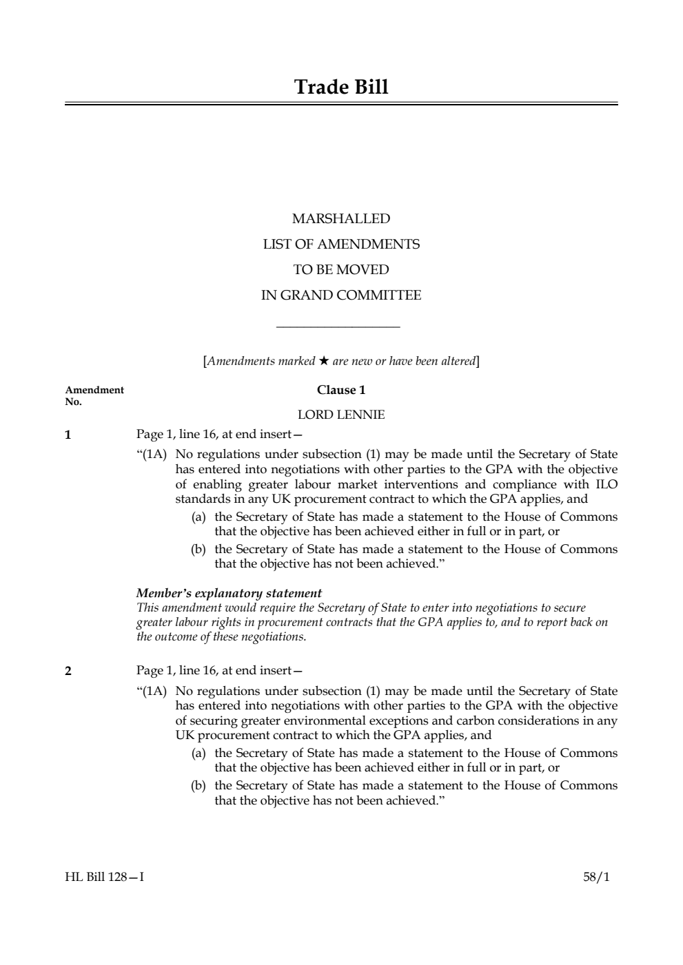 Trade Bill Marshalled List of Amendments to be moved in Grand Committee