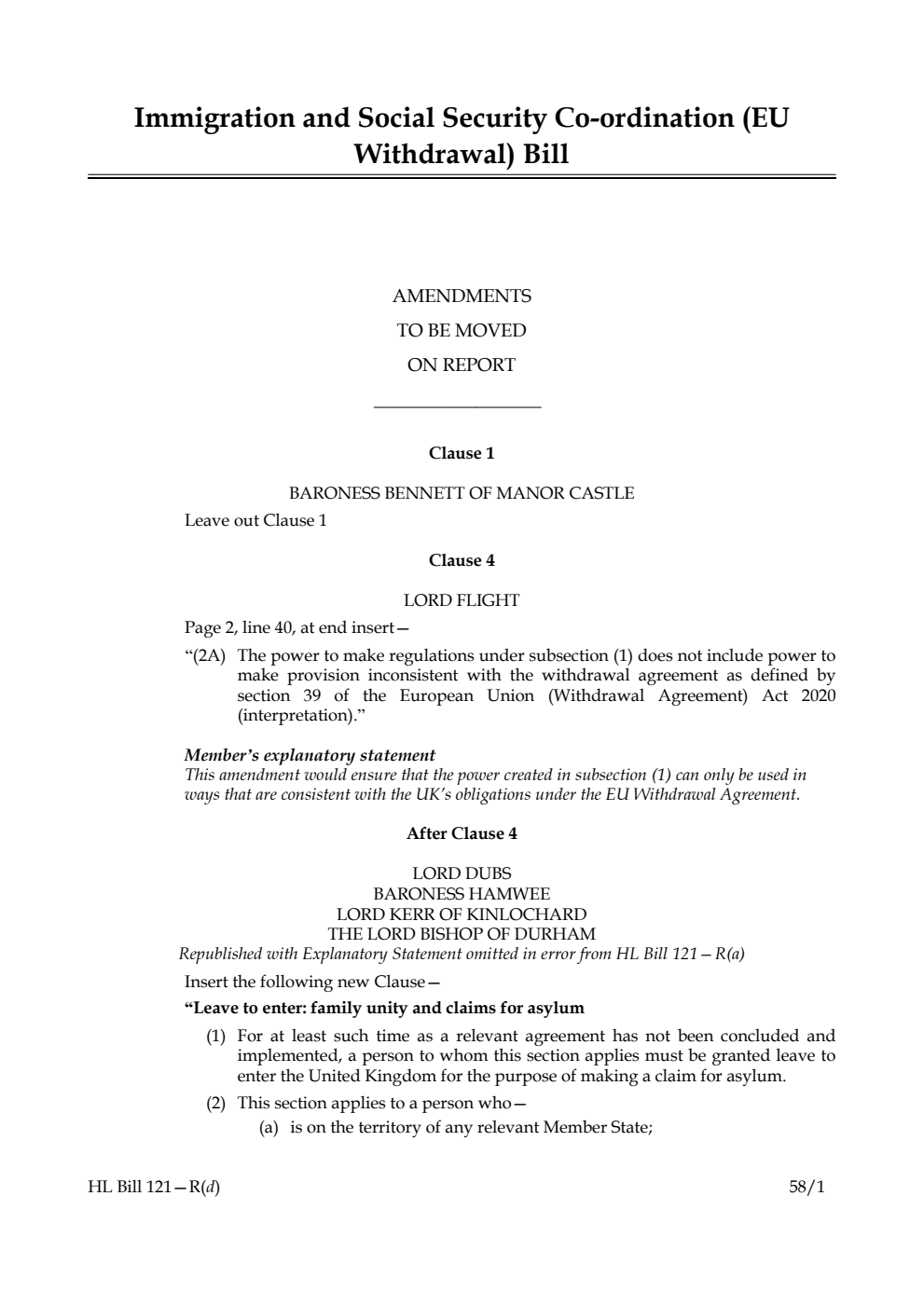 Immigration and Social Security Co-ordination (EU Withdrawal) Bill Amendments to be moved on Report