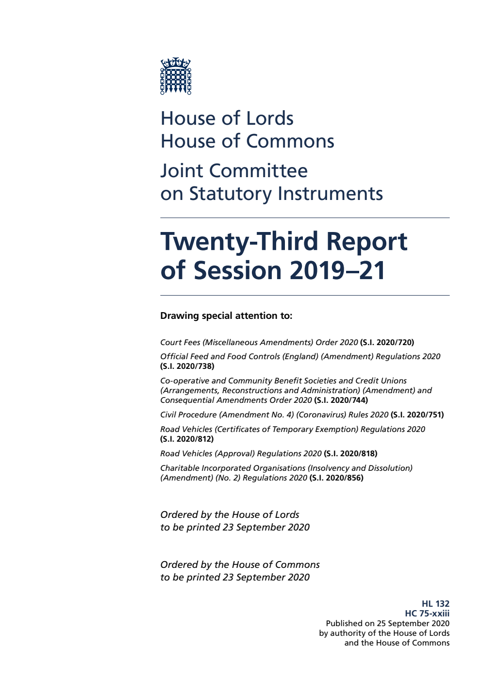 Joint Committee on Statutory Instruments 23rd Report of Session 2019-21