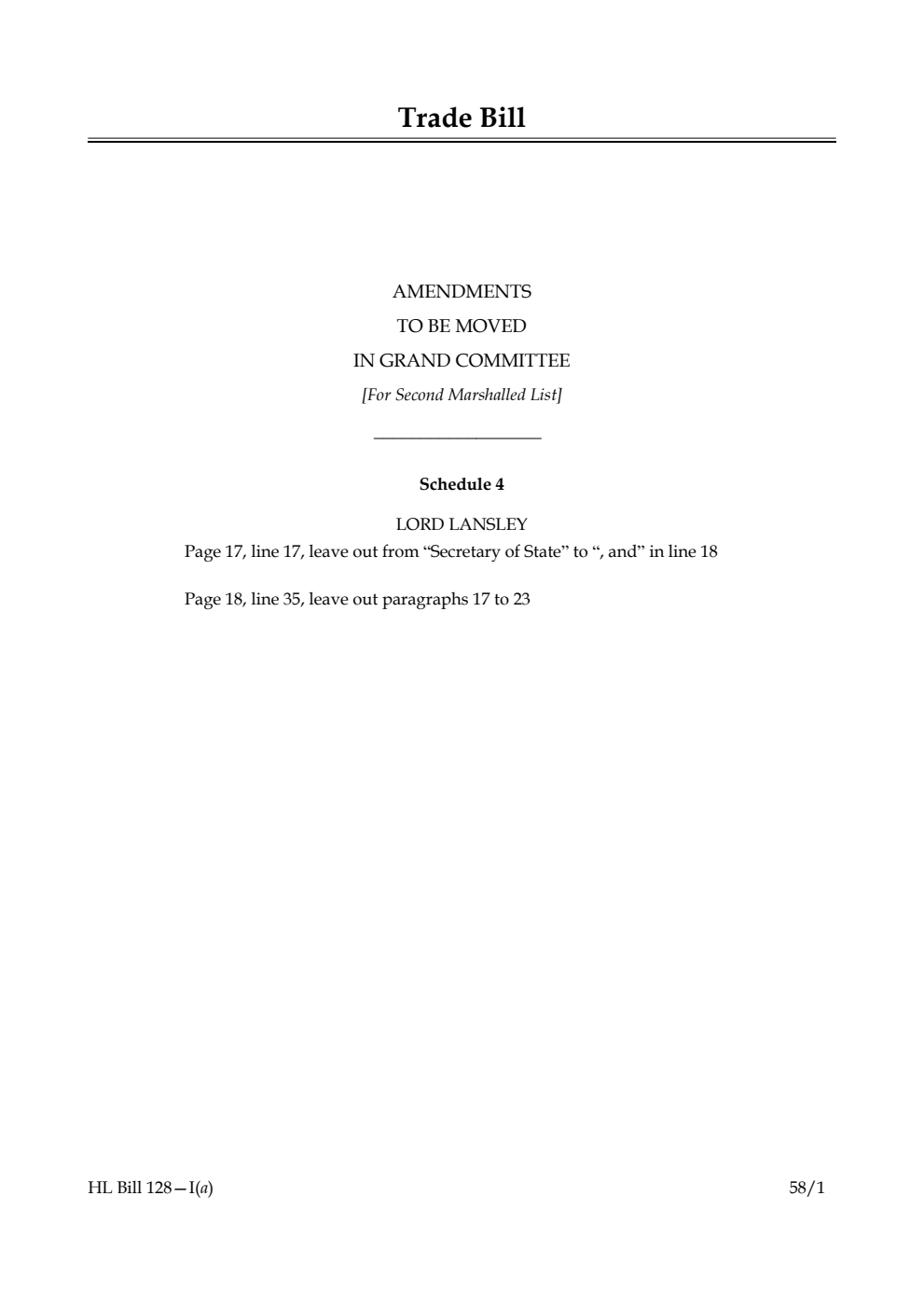 Trade Bill Amendments to be moved in Grand Committee