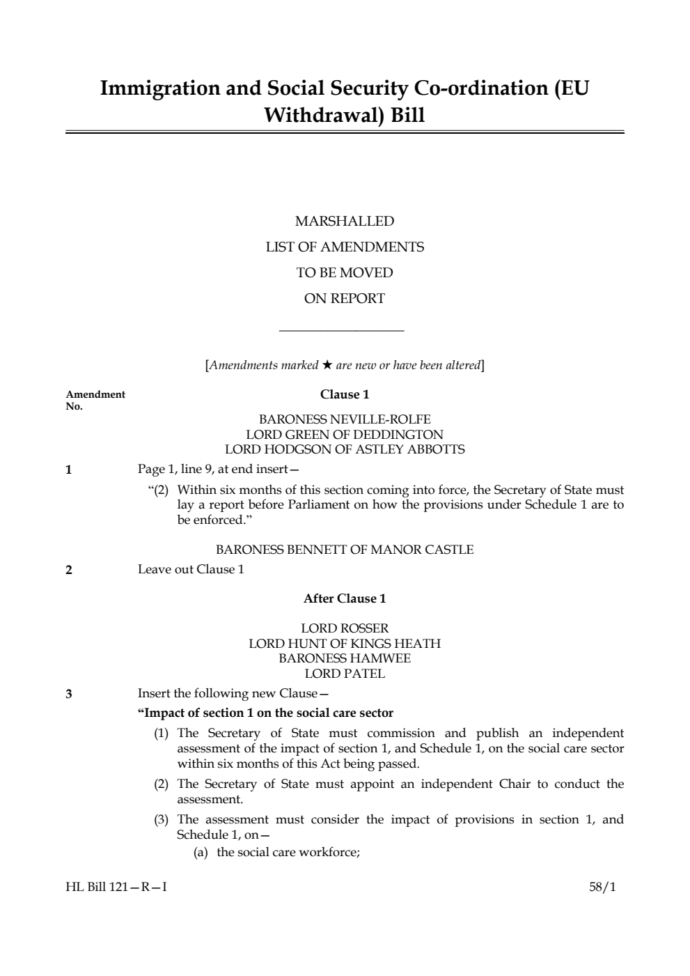 Immigration and Social Security Co-ordination (EU Withdrawal) Bill Marshalled List of amendments to be moved on report